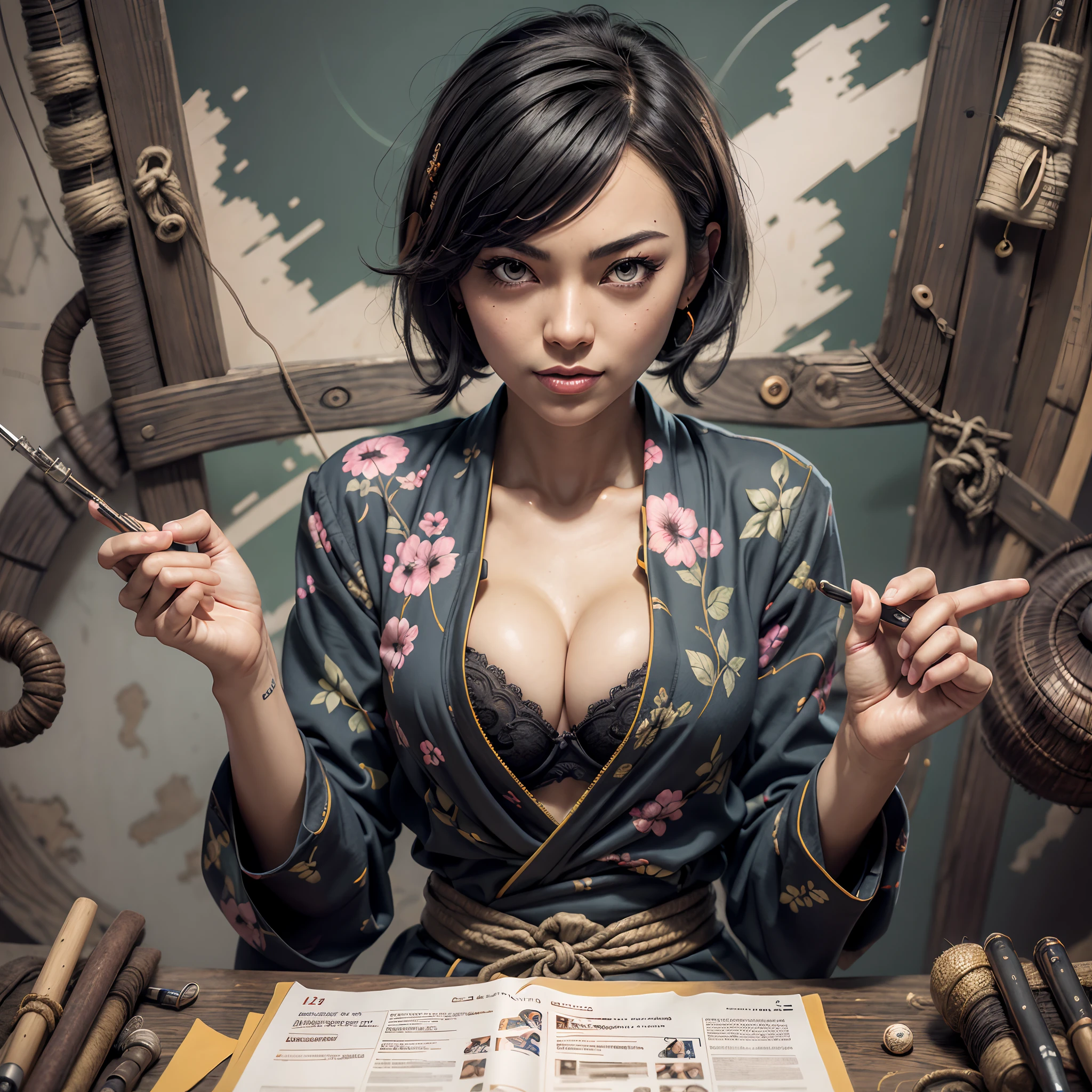 (Masterpiece), (Excellent), (Super Meticulous), (Full Body: 1.2), Super Beautiful Woman, Japanese Female in stunning kimono, huge breasts, black see-through bra, showing cleavage, skindentation, (Mature face:1.4) Beautiful, Sakura leaves pattern, Sexy, Bursting, Oriental Face, TV Anchor, Bust Portrait Illustration, Alone, Black Suit, Blue Tie, Slightly Chubby Face, Very Clean Face, No Beard, Black Super Short Hair, Black Eyes, Confident Smile, 3c Computer Sub-Products, iPad, iPhone, Digital Painting, 3D Character Design by Mark Clairen and Pixar and Hayao Miyazaki and Akira Toriyama, The illustration is a high-definition illustration in 4K resolution with very detailed facial features and cartoon-style visuals.