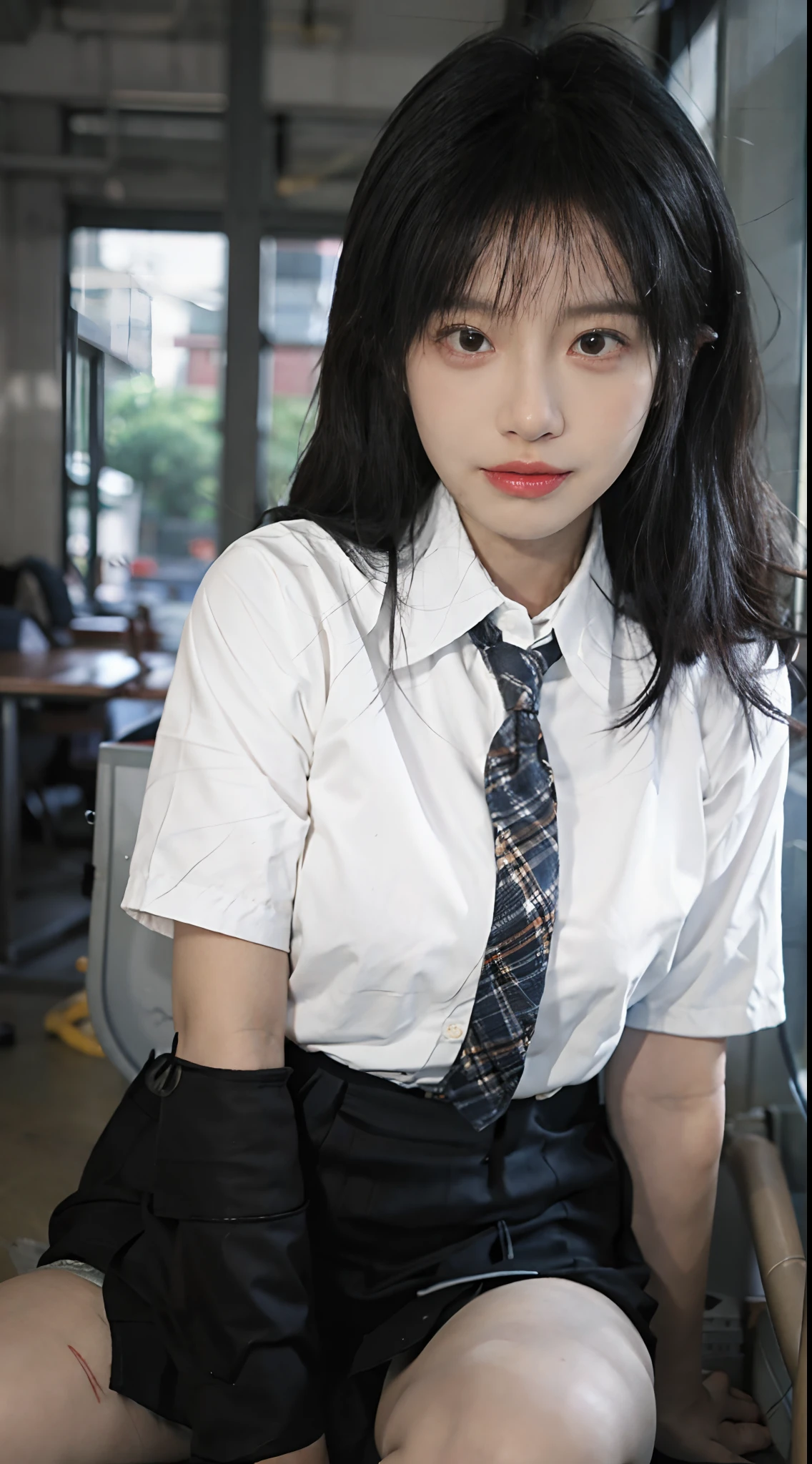 best qualtiy,tmasterpiece,超高分辨率,(realisticlying:1.4),1girll, Refined face,Smaller bust,office lady uniform,Office wear,black lence stockings,School classroom scene,