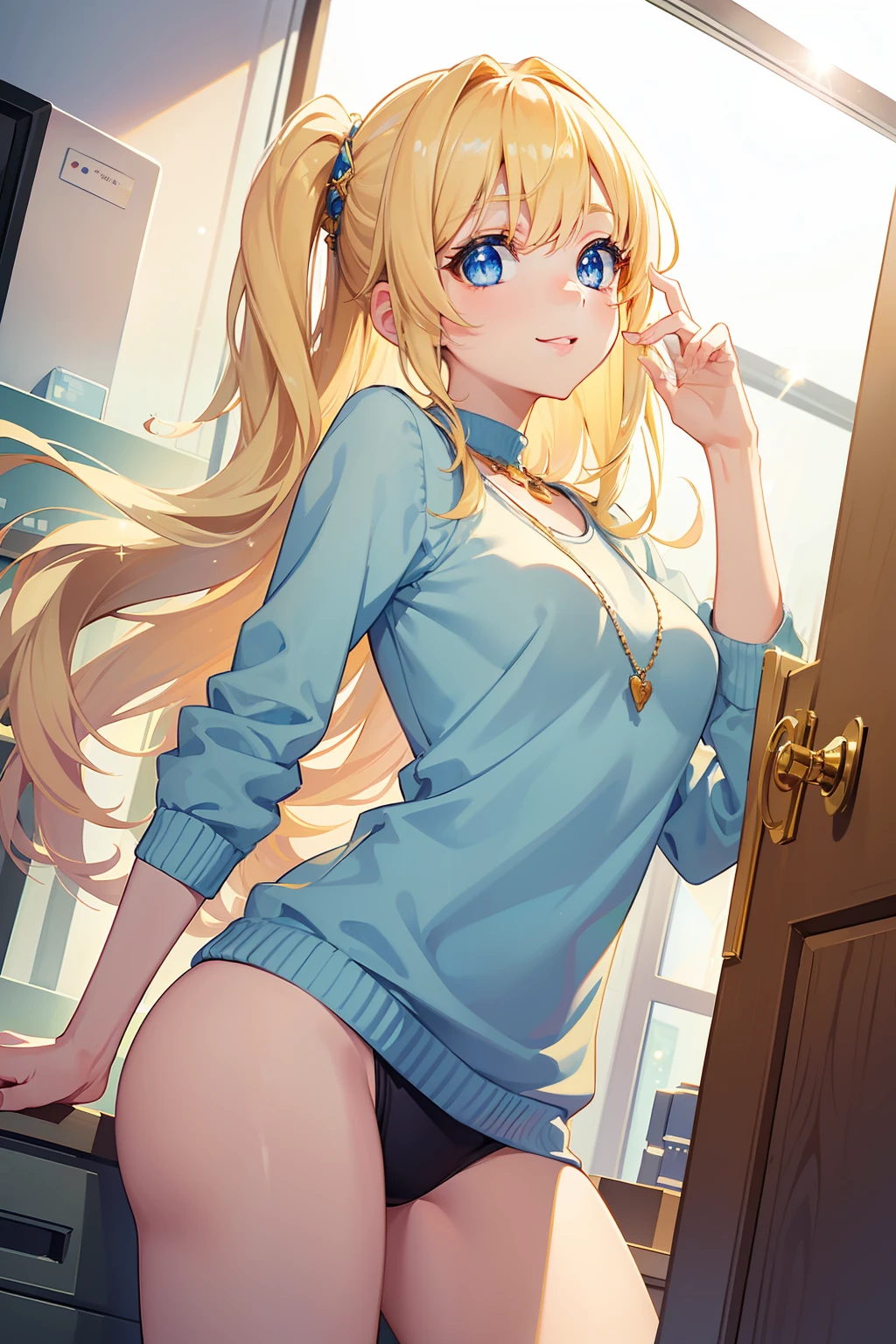 ((Masterpiece)), ((Best quality)), (Ultra-detailed), ((kawaii)), Cute, (Lovely), Anime style, Dynamic Angle, Look up from below, Office, Night, A cute girl, 1girll, Solo, Sweater, Beautiful blonde hair, Beautiful light blue eyes, ((Beautiful eyes)), buttocks, Slim, Slender, necklace, Smile, sparkling effect, glitter effects, Lens flare