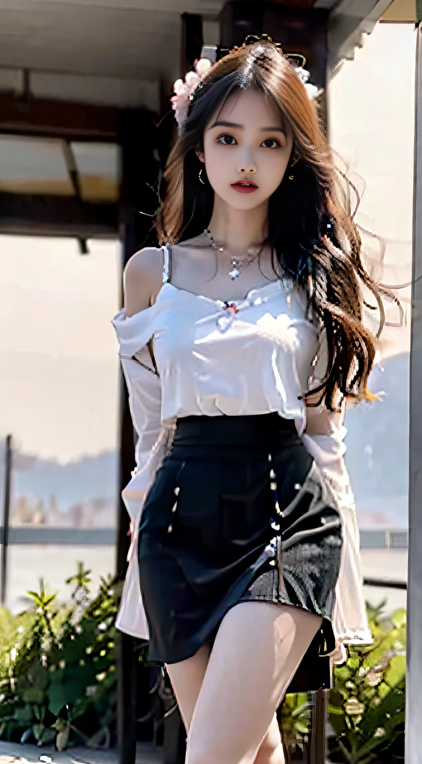 1 beautiful girl, sad girl, sitting by the window, long hair, beautiful face without blemishes, Wearing gold chain, rosy face, earrings, brown eyes, thin eyebrows, most thorough makeup is eyelashes, Pink lipstick, lips petite, graceful smile, The breasts are full and round, slim waist, moderately big butt, long legs, wear a thin white shirt that reaches to the waist, Wearing a black skirt, black mesh stockings, long hair, one afternoon, sunset is fading, sky color orange, clear sunset background image, quality best image quality, 8k quality, real girl, artwork, upper body