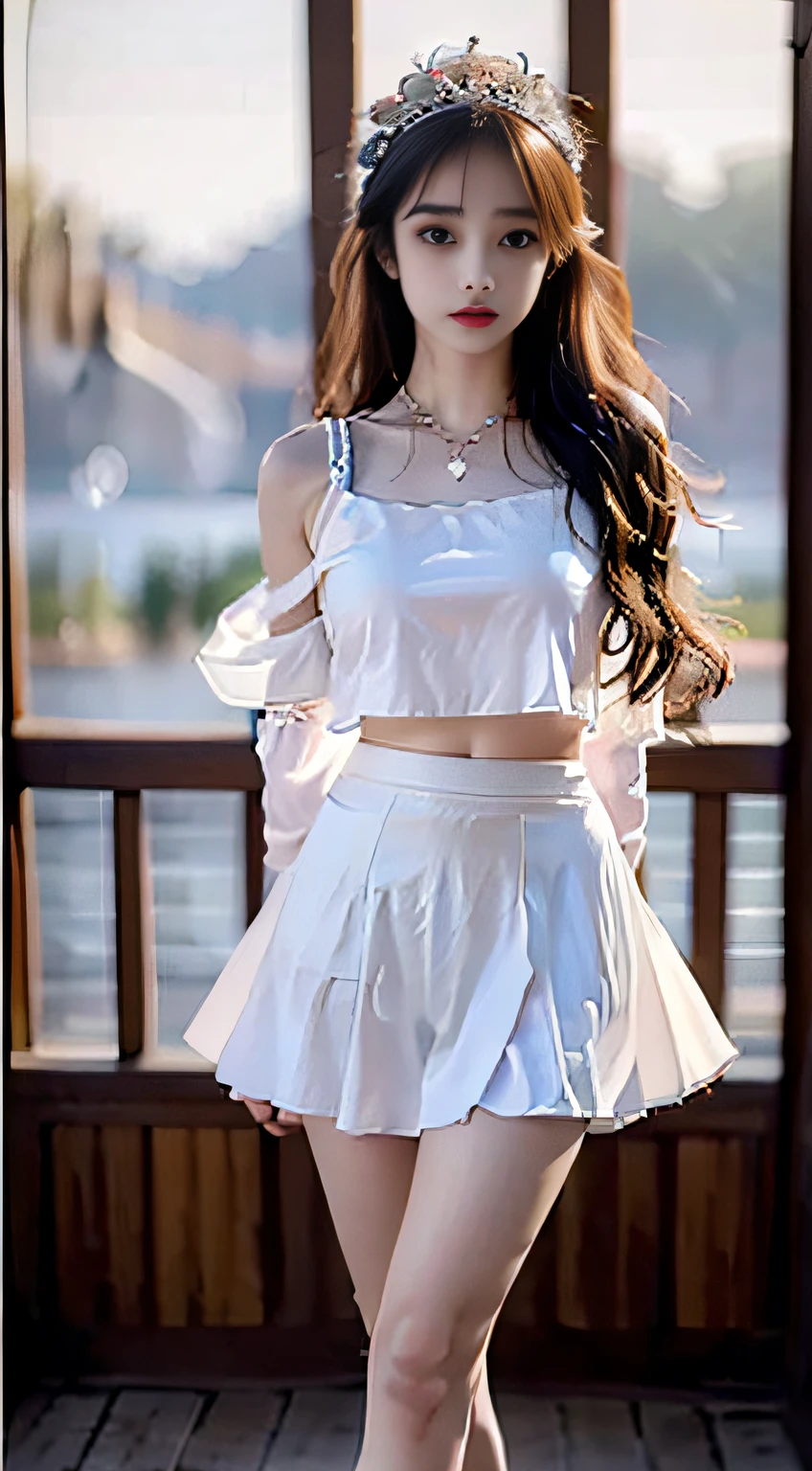 best qualtiy,tmasterpiece,k hd,1girll,(fully body photo,standing on your feet), Nice face,(Slim,Raised sexy),Cold and glamorous,cropped shoulders,nabel,cabelos preto e longos,hair adornments,(slender leg,Cross ed leg), (athletic sneakers,White color blouse,Pink hip wrapped skirt),Beautiful teenage girl,Ethereal dreams,Beautiful goddess,Detailed scenes, Eye-catching accessories, Picturesque, ((from below))