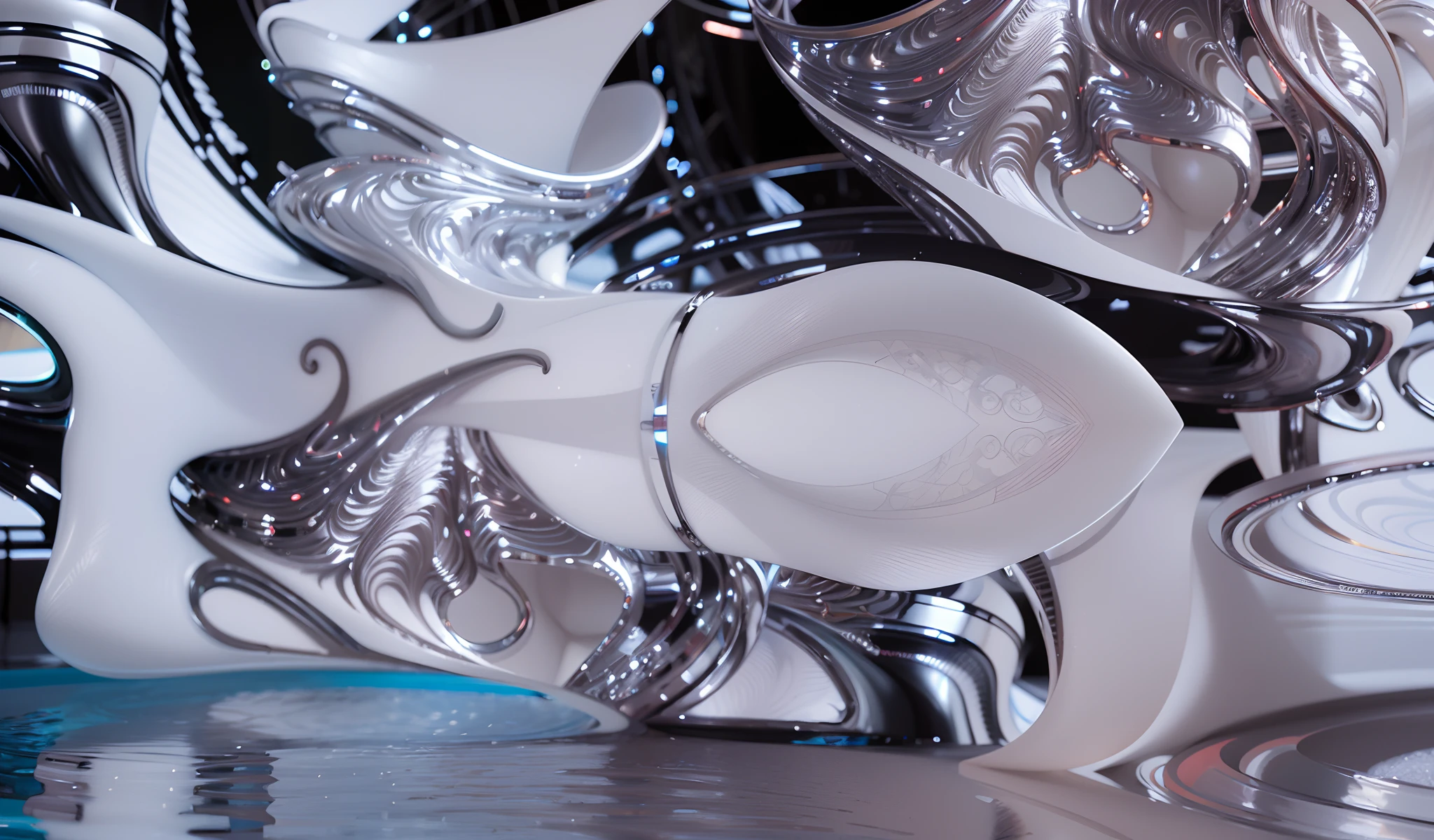 there are many white and silver items on display in a store, rendered in redshift, intricate artwork. octane render, zaha hadid octane highly render, rendered in keyshot, white biomechanical details, smooth 3d cg render, art nouveau octane render, chrome reflections, rendered in renderman, rendered in arnold engine, metallic shiny skin. intricate