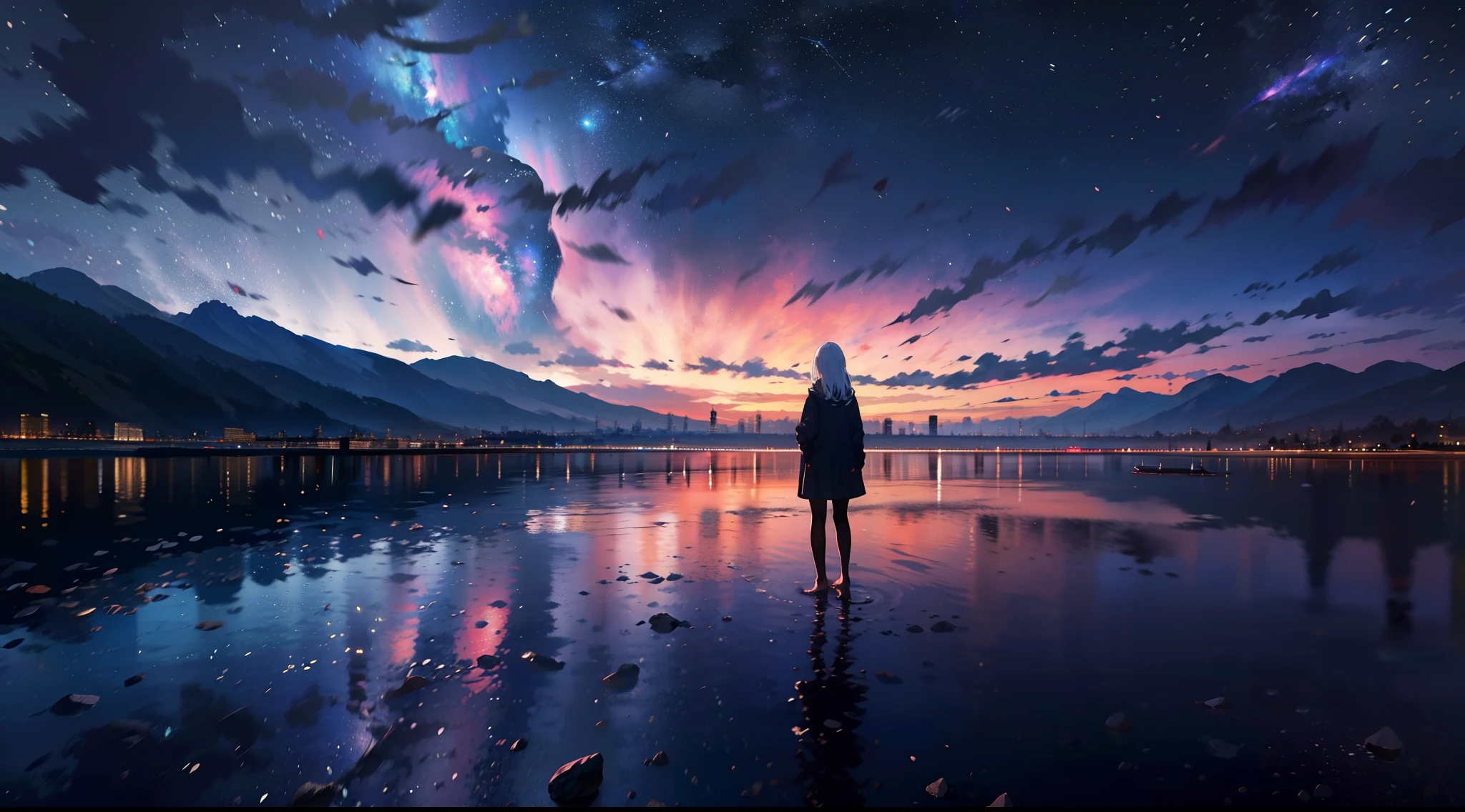 ((best qualtiy)), ((tmasterpiece)), ((Long-range shots)),early evening, A woman who is,Stand in the salt lake,The surface of the water is like a mirror,Reflecting the sky。Look at the sky,The Milky Way is in the sky。