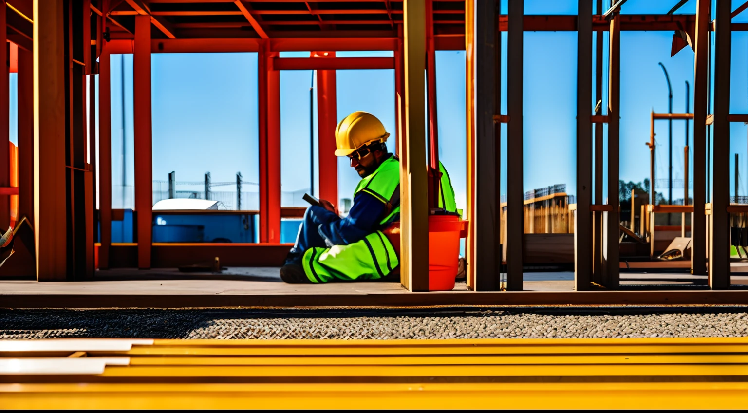 A construction worker rests outside