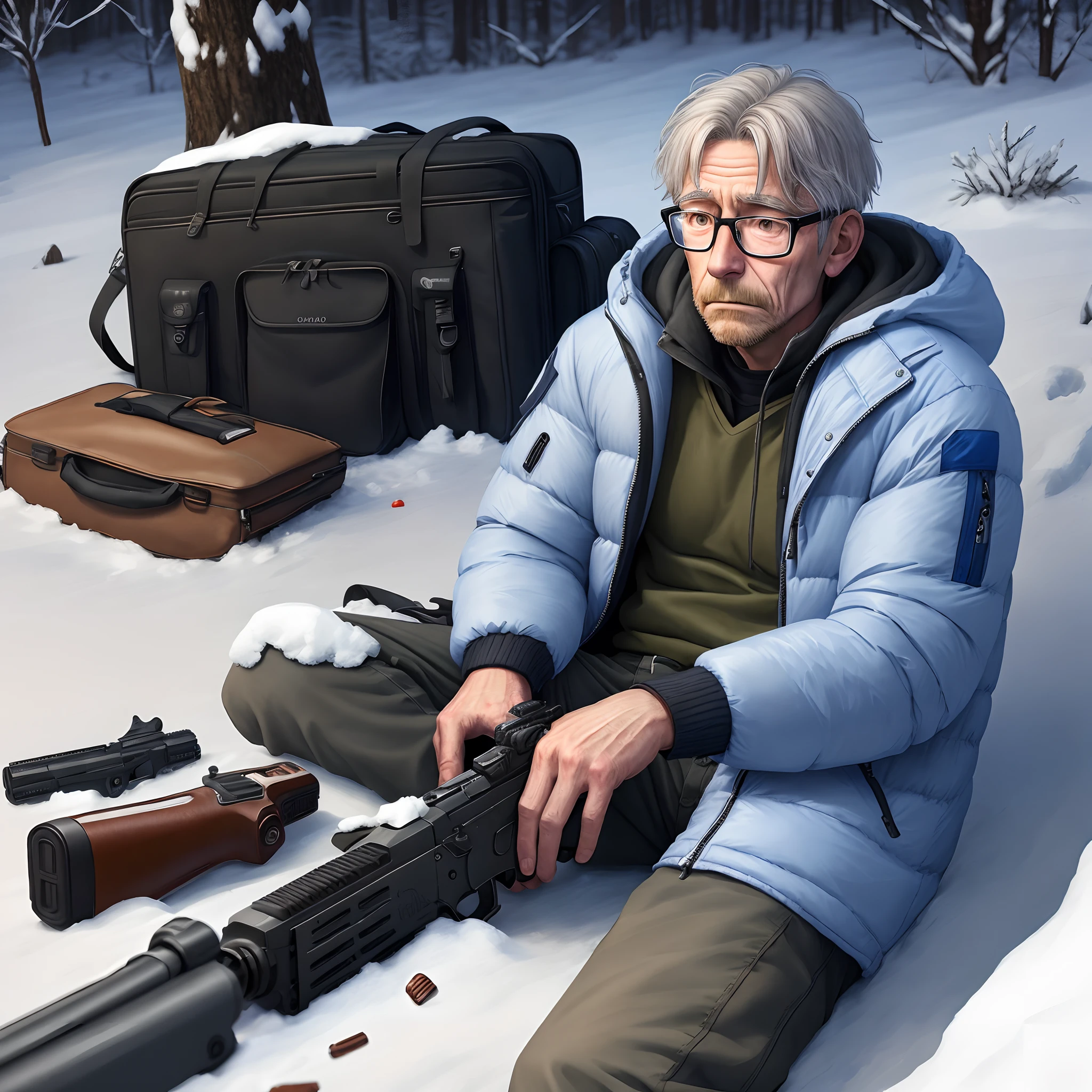 In the snow，Dying man with glasses in a white down jacket，He also had a gun by his side