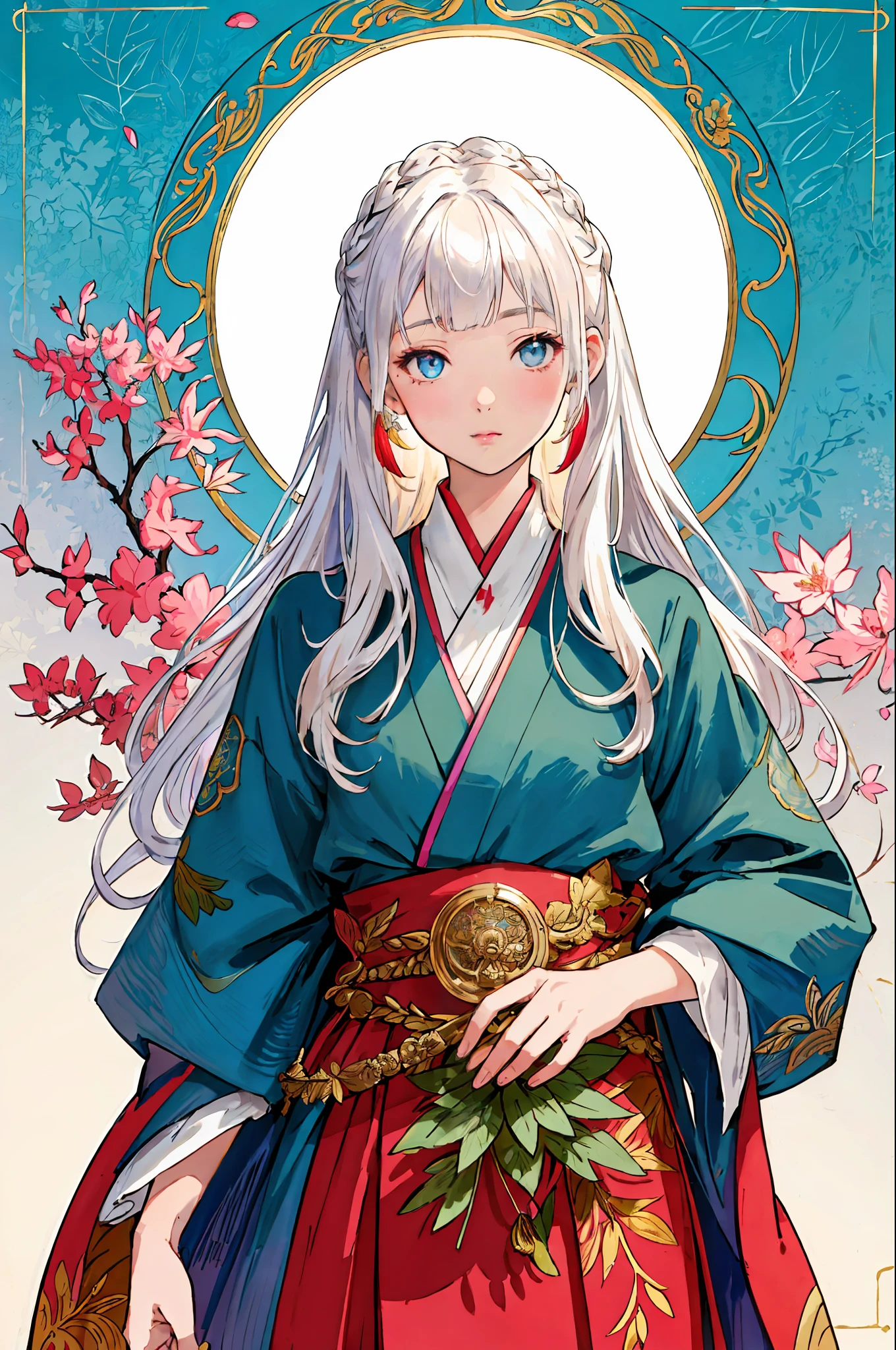 (best quality), oriental detailed background,, ((masterpiece)), (((best quality))), ((ultra-detailed)), ((disheveled hair)), (1 girl), (solo), (beautiful white young beauty girl), korean idol,  (whole body), dynamic angle, beautiful detailed eyes, hairs between eyes, (small head), (cannon EOS 5D MARK III, 50mm Sigma f/1.4 ZEISS lens, F1.4, 1/800s, ISO 100:1), nsfw, masterpiece, best quality, asymmetrical bangs, hair behind ear, hair over one eyebrow, delicate facial features,1girl, white hair, red bridge hair, eromanga,  Urban_Fantasy, alchemist,, ((cinematic light)), ultra detailed, best quality, absurdres, high resolution, (extremely detailed 8k wallpaper), ((an delicate and beautiful)), pixiv, hyper detailed, best anatomy, illustration, no human, (((masterpiece))), ((highres)), ((high quality)), (intricate details), (fantasy), detailed forest, (colorful various leaves), ((rainbow)), (liquid), best shadow, sunlight, hollow, colorful, pink petals, gold leaves, (blue leaves), lens flare, pastel color,