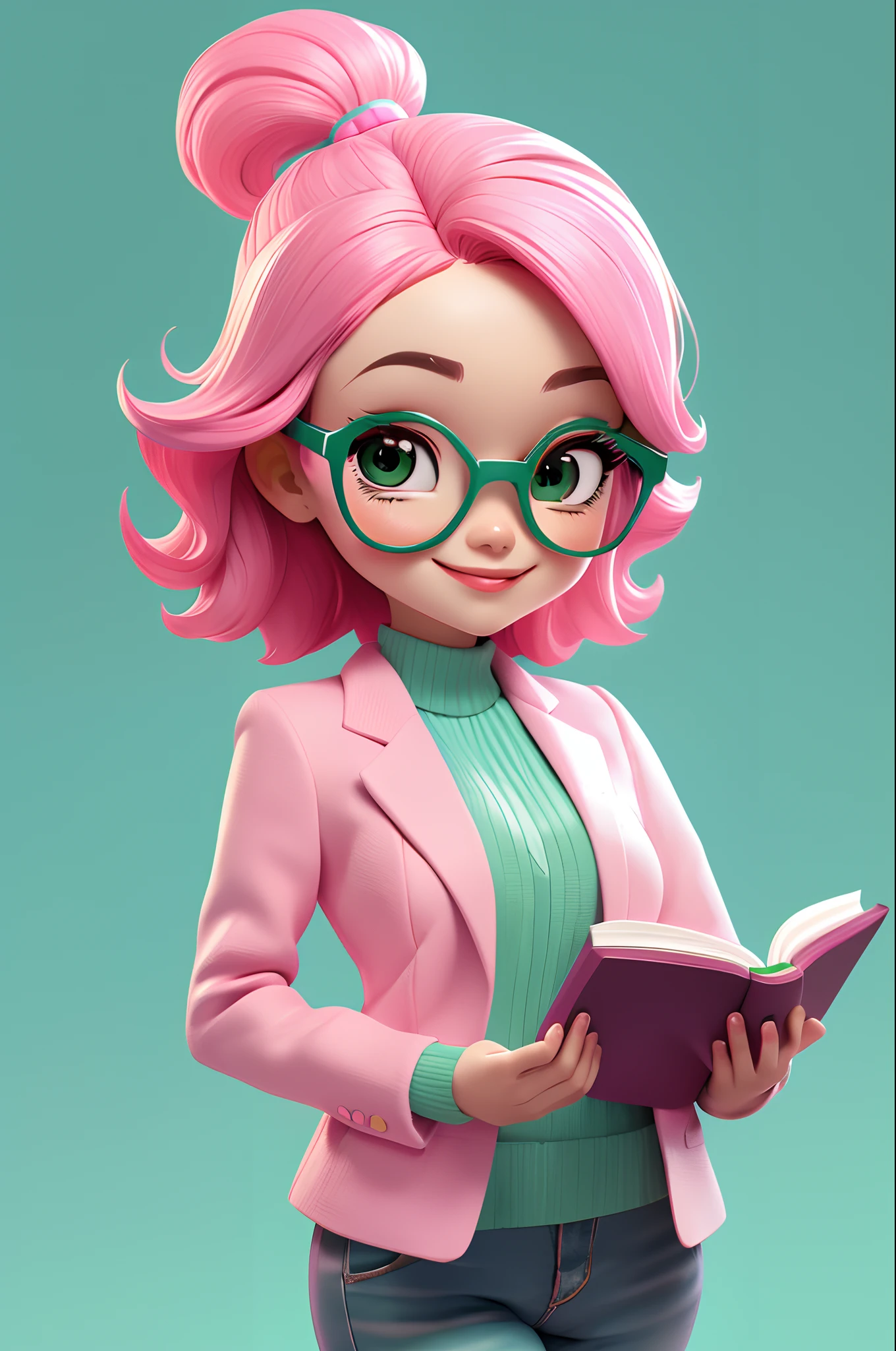 chibi style, pink hair, cyan suit, cute, smile, girl reading a book while wearing glasses, masterpiece, 3dm style, look at viewer, (((simple background))), (((green solid background)))