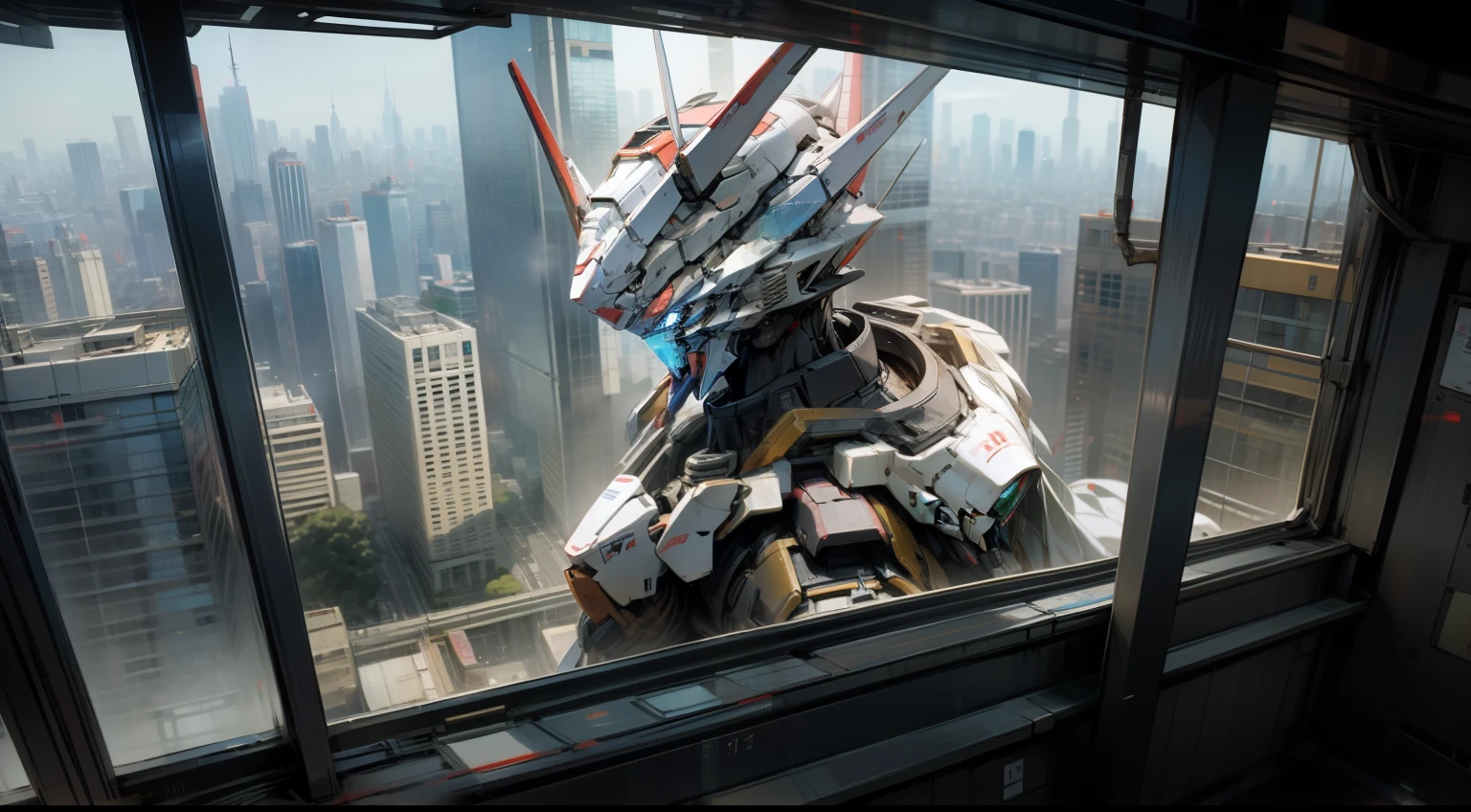 In the skyscraper district of Shinjuku、Gundam、Facing each other2Body、Captured from above、high-detail、