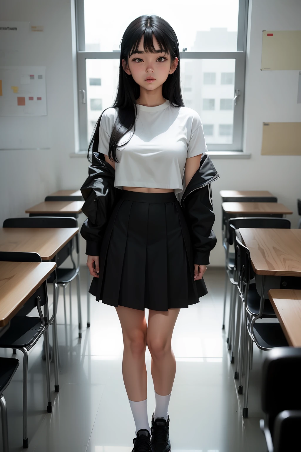 A girl,Wearing a white top and a black skirt,Hair is black,Wearing white shoes with black socks,Standing in the classroom with a book in hand