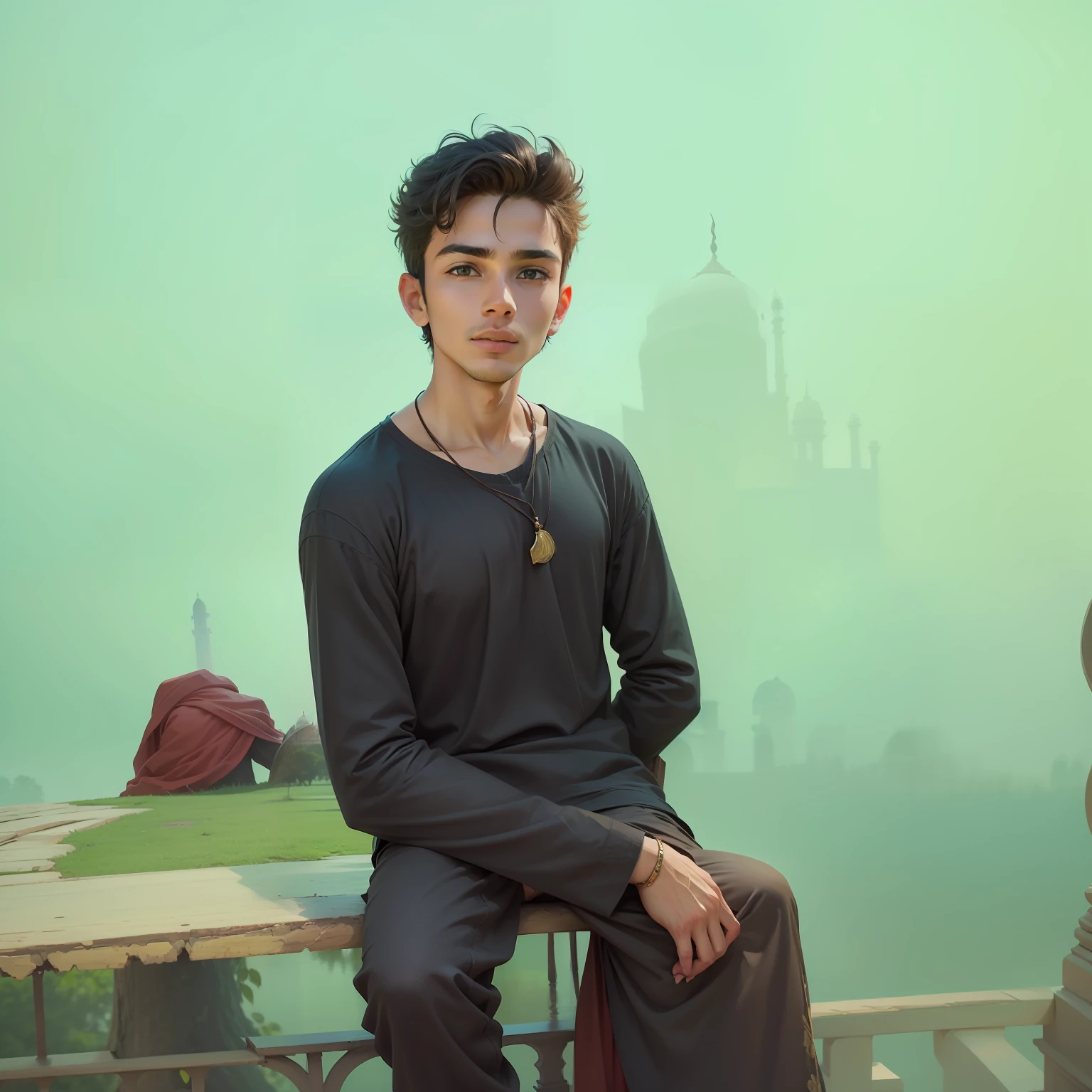 A handsome young boy sit on the tree branch and front Taj mahal  the beauty full kingdom in realistic hd 4k