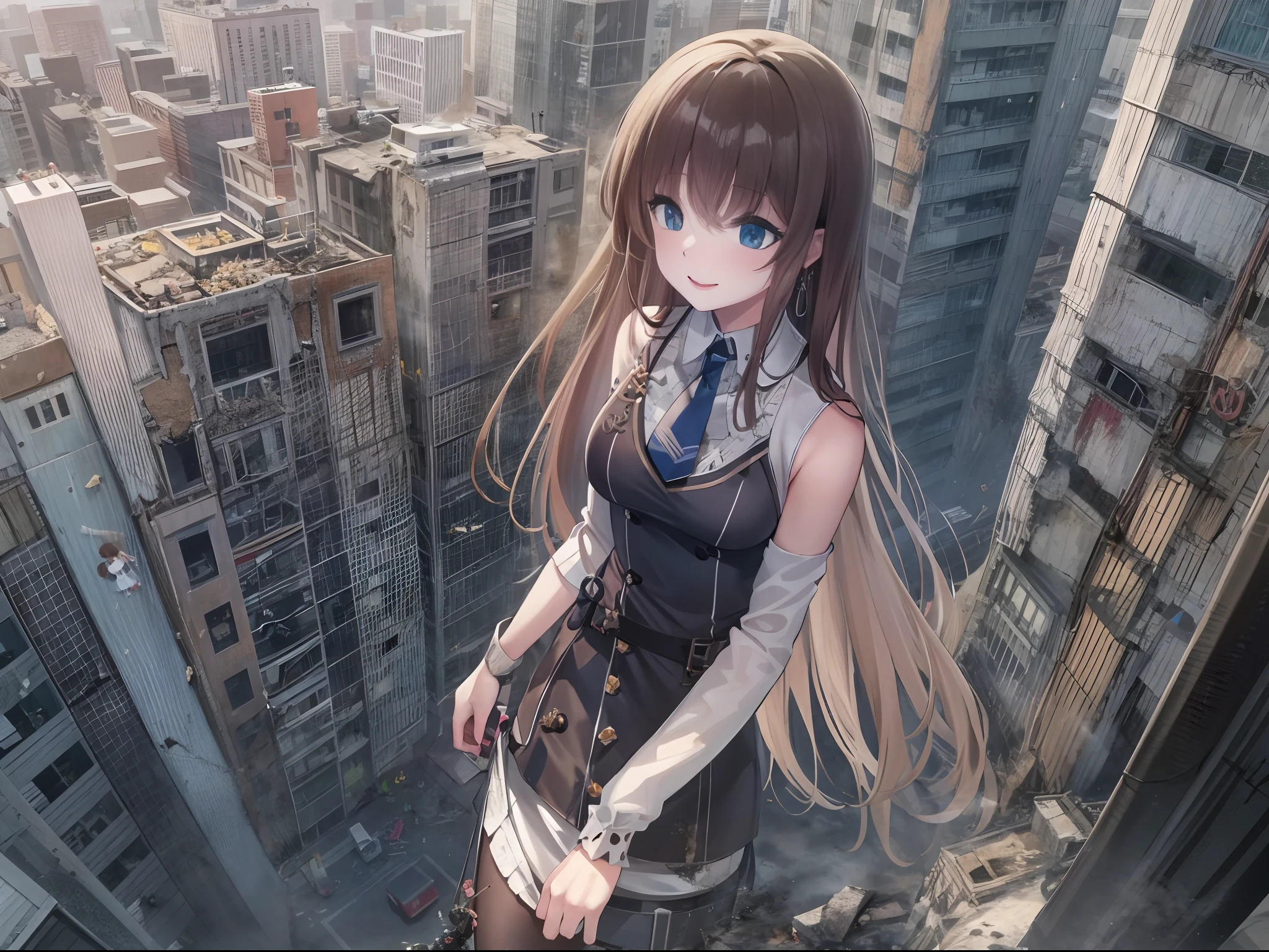 1girll, Solo, 50 meters high, Bigger than the building, Long hair, Brown hair, bangs, Blue eyes, wearing modern gothic clothes, Style anime, Smile, Naughty, Anatomically correct, Textured skin, GTSCity, Destroyed buildings, City model,