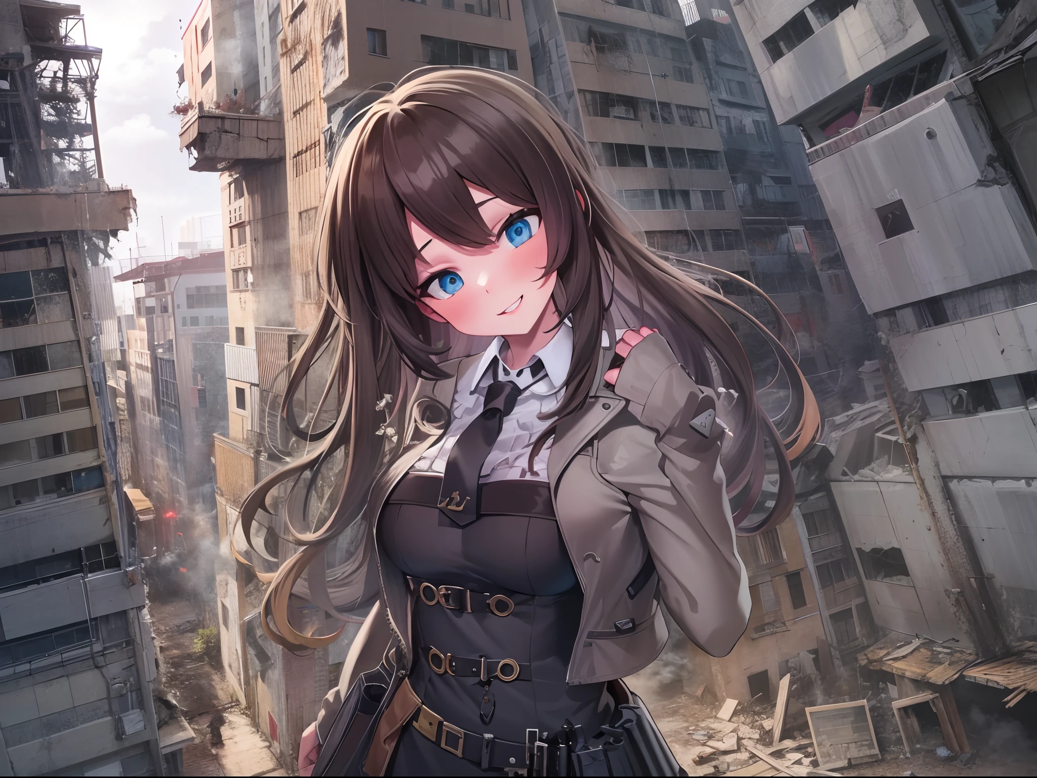 1girll, Solo, 50 meters high, Bigger than the building, Long hair, Brown hair, bangs, Blue eyes, wearing modern gothic clothes, Style anime, Smile, Naughty, Anatomically correct, Textured skin, GTSCity, Destroyed buildings, City model,
