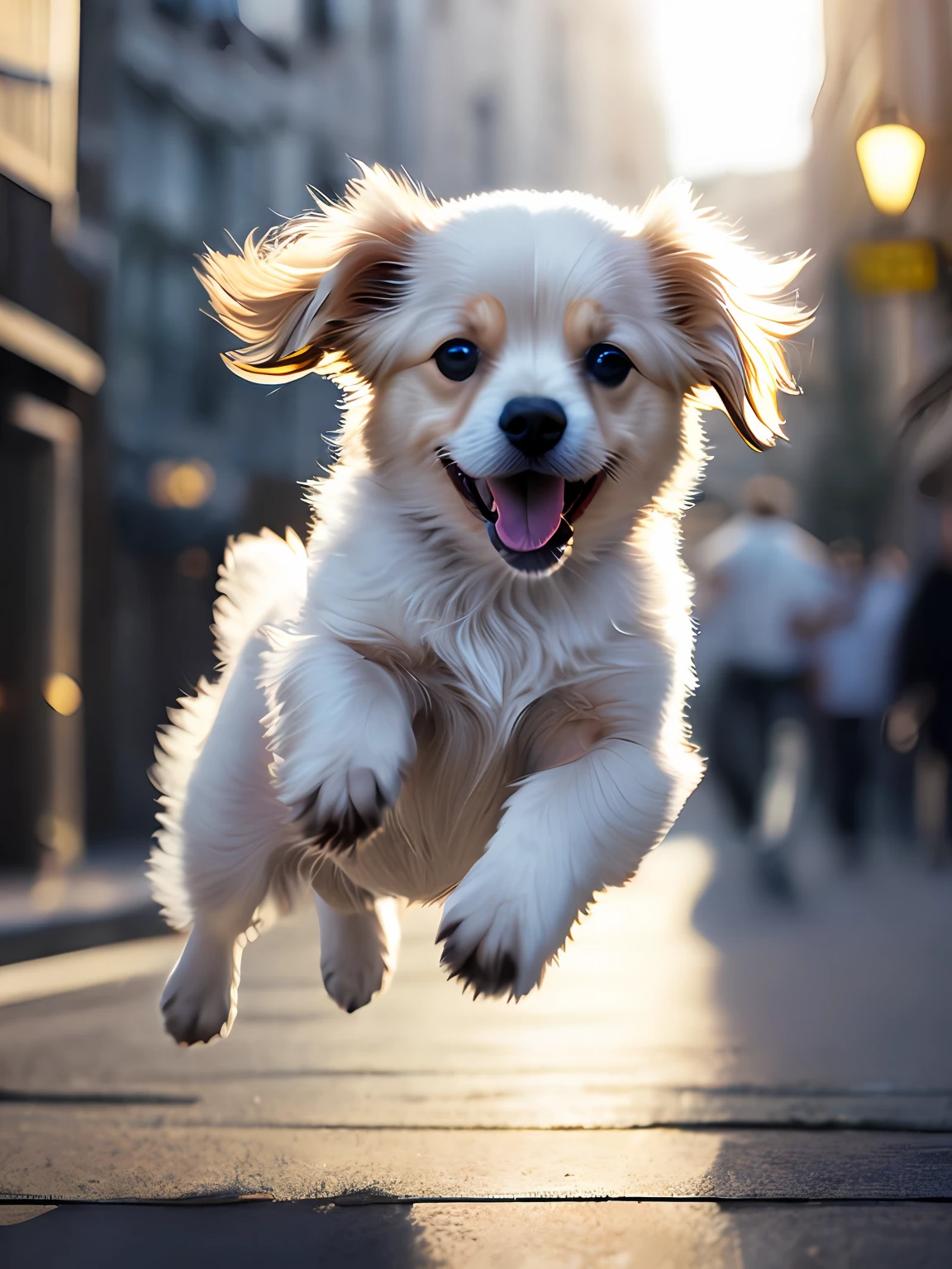 Close-up photo of a very cute jumping puppy on the street, white, soft volumetric light, (backlight: 1.3), (movie: 1.2), intricate details, (ArtStation: 1.3), Rutkowski