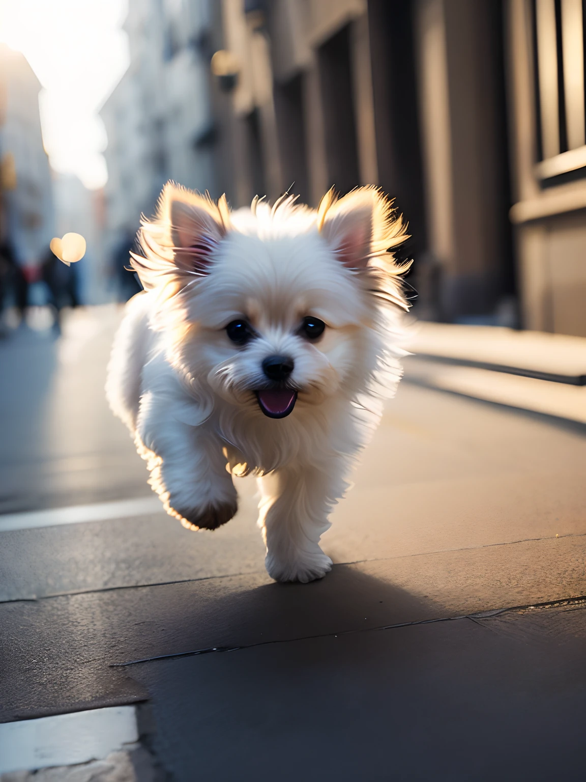Close-up photo of a very cute jumping puppy on the street, white, soft volumetric light, (backlight: 1.3), (movie: 1.2), intricate details, (ArtStation: 1.3), Rutkowski