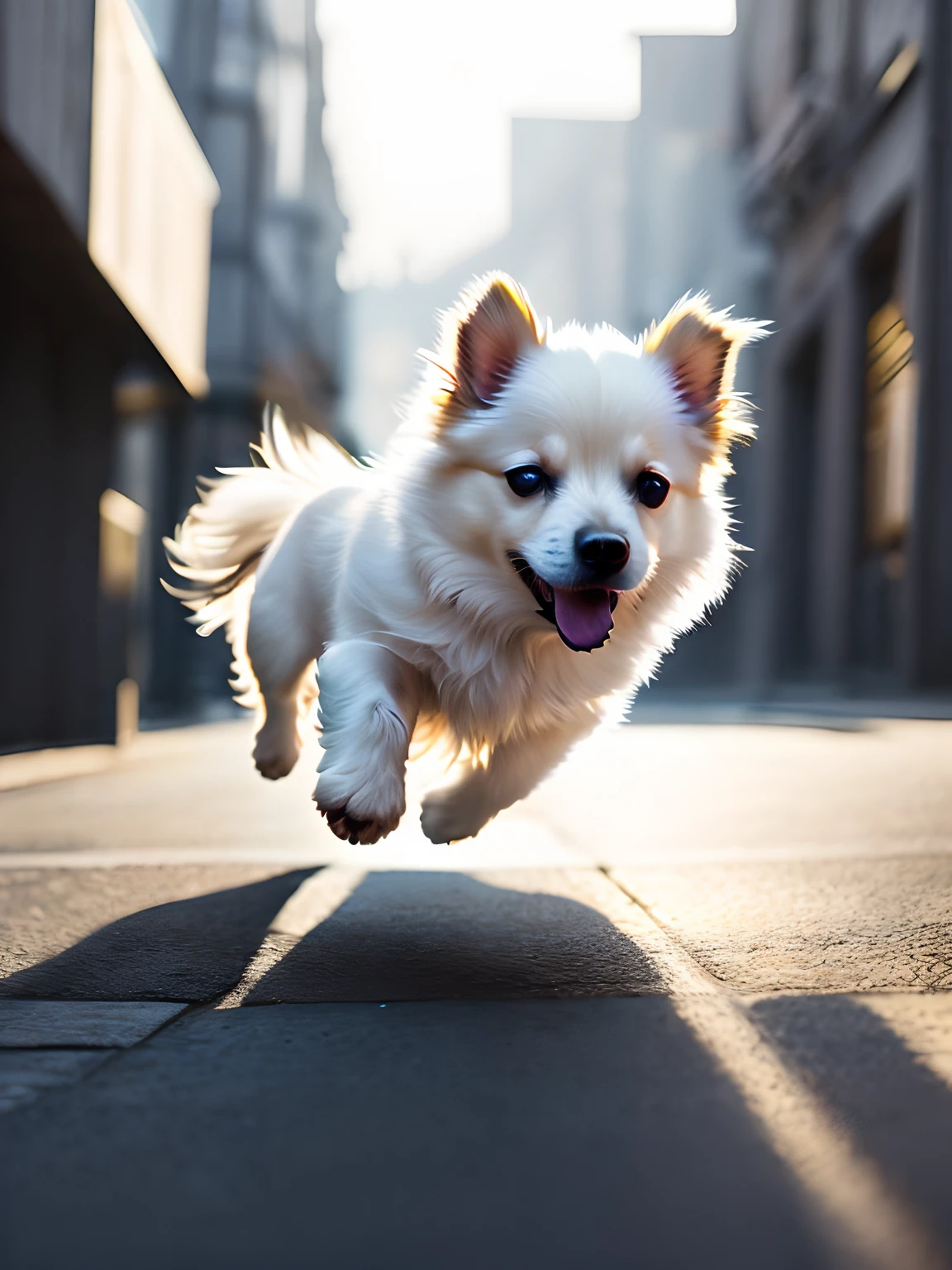 Close-up photo of a very cute jumping puppy on the street, white, soft volumetric light, (backlight: 1.3), (movie: 1.2), intricate details, (ArtStation: 1.3), Rutkowski