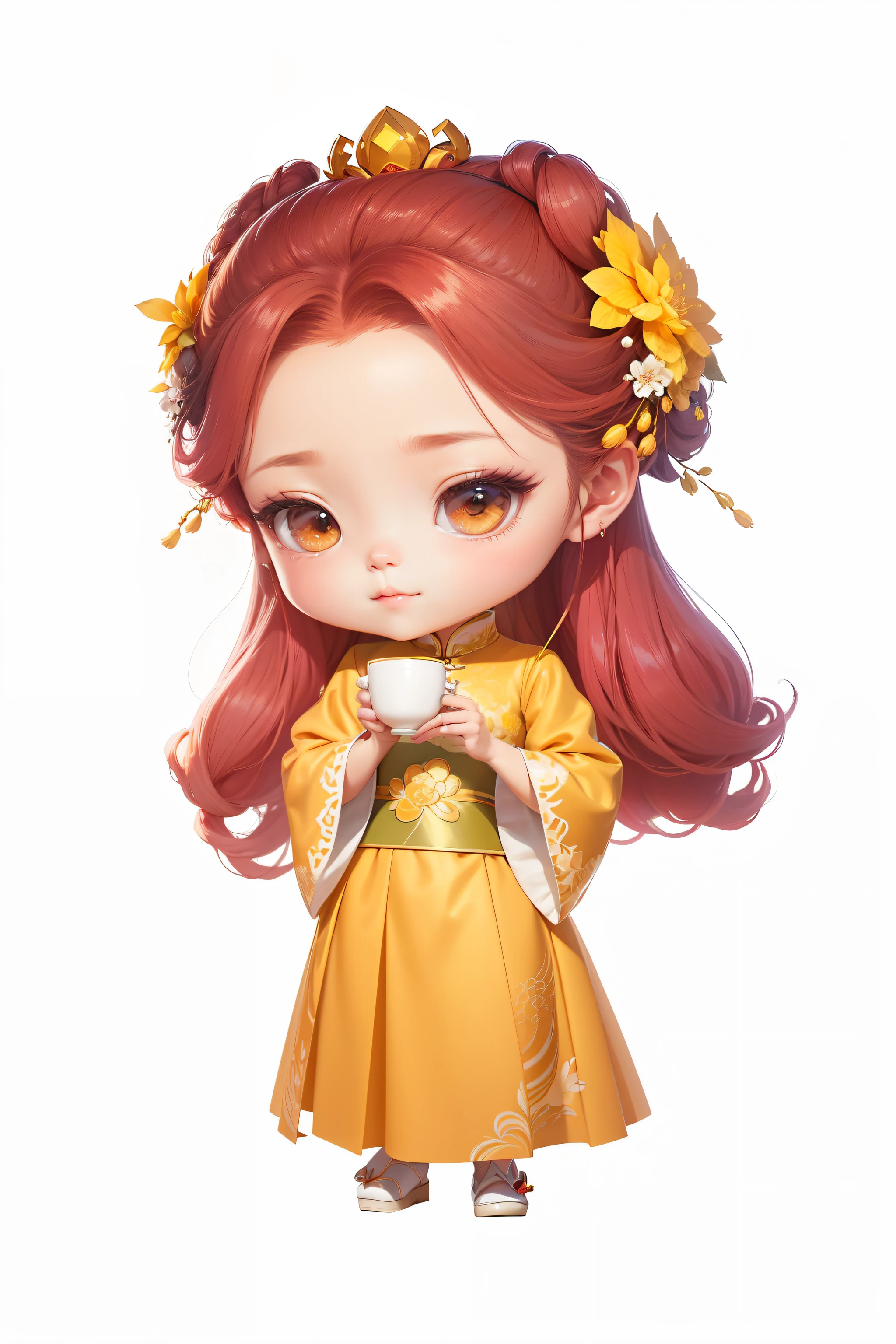 Chinese shoes,Yellow dress,white limbo,Pattern,Pedras preciosas,Osmanthus tiara,Holding a cup in his hand,Refinement,8K,Exquisite painting,lovely digital painting,anime styled digital art,style of anime。8K,A beautiful artwork illustration,adorable digital art