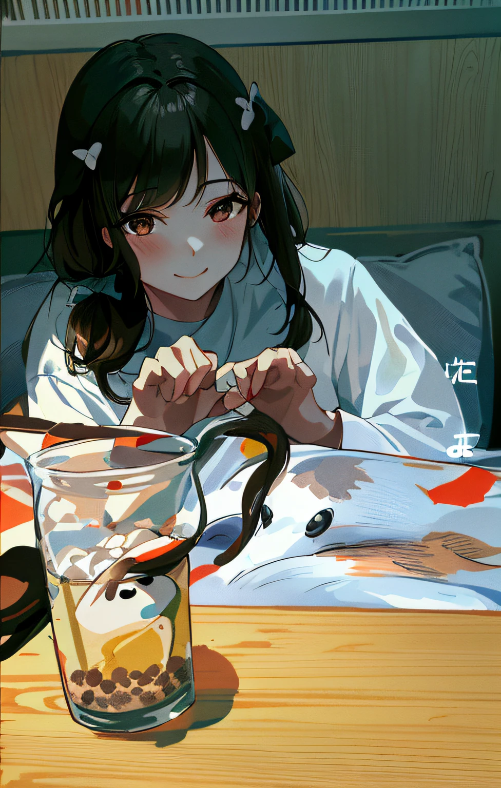 Masterpiece, High quality, Best quality, high resolution, 4K, High definition, Beautiful lighting,Highly detailed face, Well drawn hands, Well drawn legs,Well drawn feet,Well drawn eyes,1girll,KaedeDG, Brown hair, Brown eyes,Hair accessories hair bye,(((bow))),White panda pajamas,White panda cover,White pants,White pajamas ((( Face only))), Viewing angle, facial closeups,Low ponytail,(((The red line of the smile is under the eyes))), Blushing,Oblique face,Closed mouth,