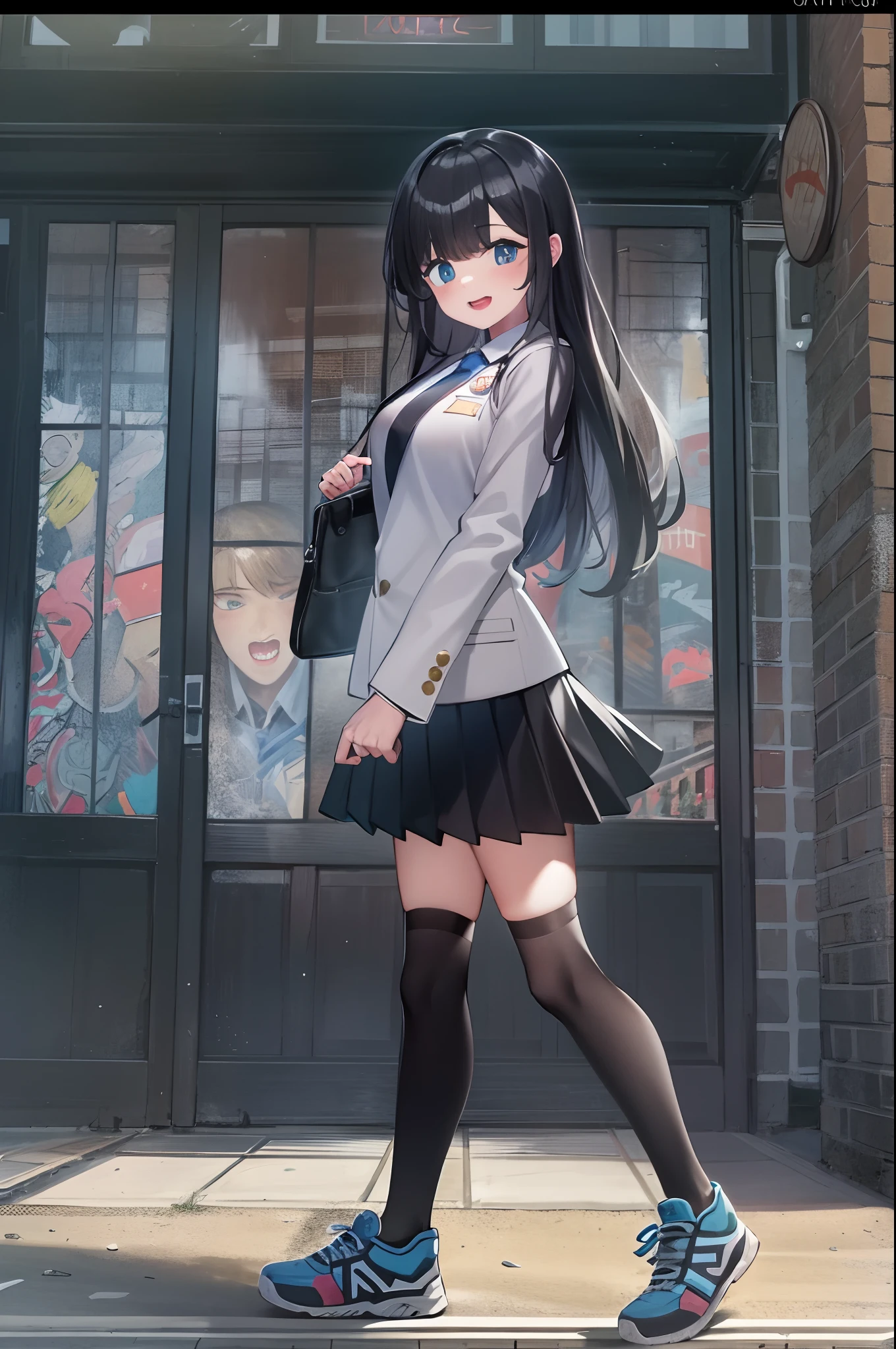 1girll, Bigger than the building, Black hair, Blue eyes, bangs, Black suit, black necktie, Black pleated skirt, Black socks, Sneakers, excited, Bright pupils, Anatomically correct, Textured skin, GTSCity