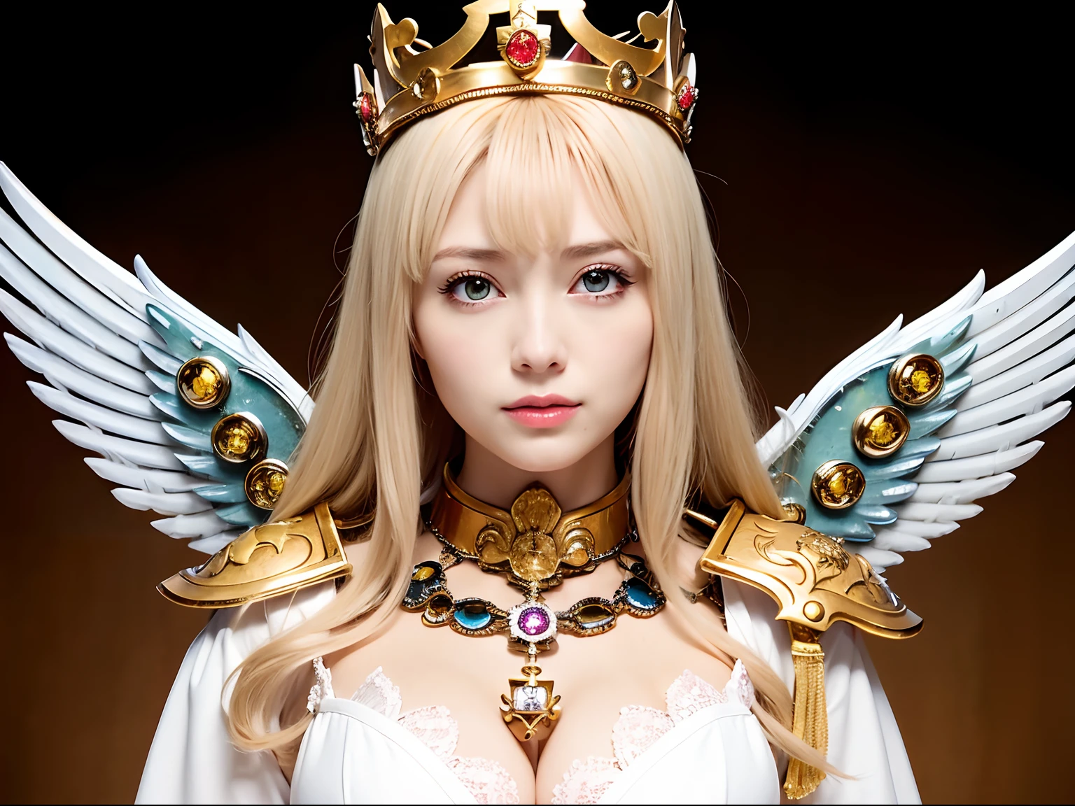 (masutepiece), Professional , masterpiece、top-quality、photos realistic , depth of fields (Gemstone Silver Metal Body:1.9),(Matte White、Jewel Gold Weapon、(Flying in the sky),Gorgeous metal weapons,(Detailed and realistic angel white wings) , Detailed Sword of the Brave , Beautiful knife 、delicated face、20 years girl ,warhammer 40k , adepta sororitas,Detail and ornate jewel crown、a blond、(Gangle's forest background)、Beautiful Caucasian beauty、1a person、dynamic ungle,(((Detailed and ornate diamond crown)))、Smaller head、A smile、Powerful poses、(Gorgeous castle background)、Beautiful thin fingers of a woman、cleavage of the breast、beautiful fairies、