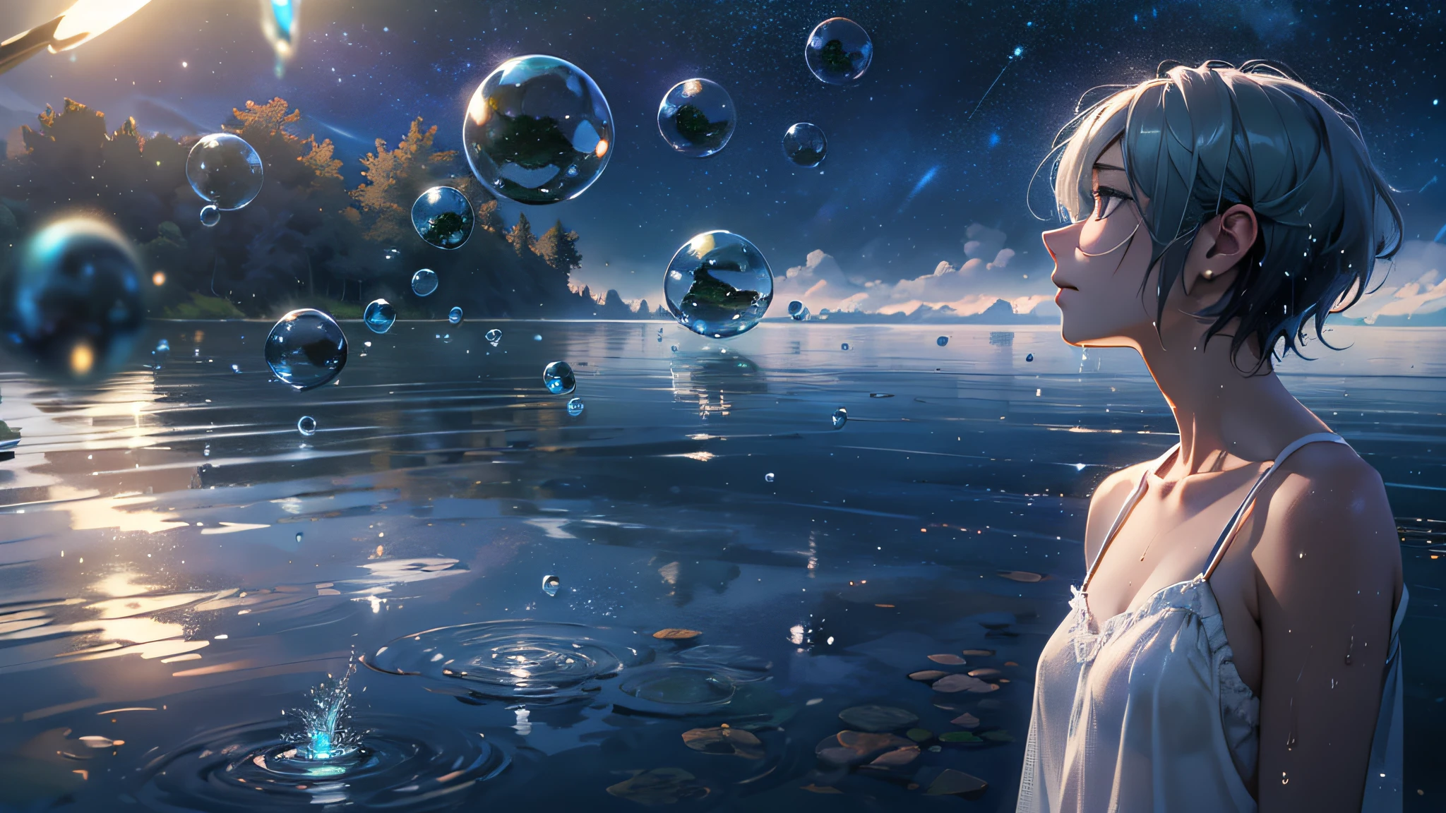 (Best quality), (masterpiece), (photorealistic), (realistic), ultra-detailed, unity 8k wallpaper, extremely detailed CG, ray tracking, sharp shadows, wonderful details, depth of field, Ultra detailed background, (background oriented, Horizon, reflection), starry sky twinkling in the fullness of the sky, Lots of water bubbles floating around. quiet night, midnight, wide shot, shot from the grand, perfect lighting, panoramic view, dynamic shot, (1 girl, green short hair, white Slip Dress, back, standing):0.8, standing water's surface, Full body, distant view, face not visible, looking far away, nature spreading out, no civilization in sight, no buildings,