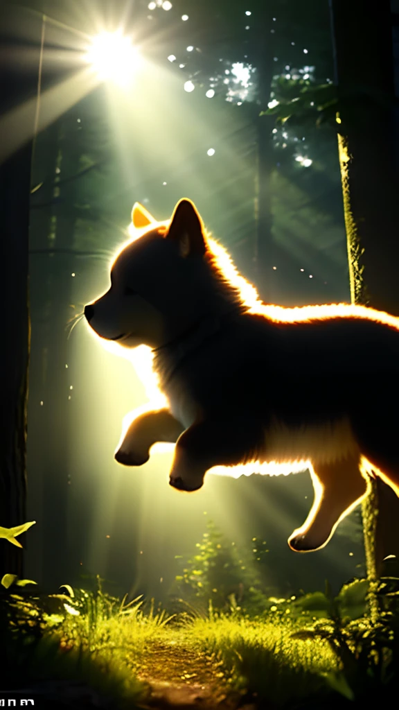 (best quality: 1.2), (masterpiece: 1.2), (realistic: 1.2), closeup photo, a very cute jumping puppy in the forest, soft volumetric lights, (looking at the viewer: 1.3), (backlit:1.3), (cinematic:1.2), intricate details, masterpiece