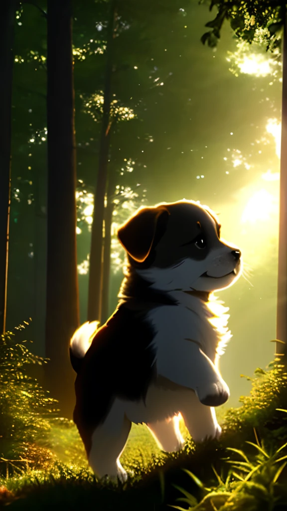 (best quality: 1.2), (masterpiece: 1.2), (realistic: 1.2), closeup photo, a very cute jumping puppy in the forest, soft volumetric lights, (looking at the viewer: 1.3), (backlit:1.3), (cinematic:1.2), intricate details, masterpiece