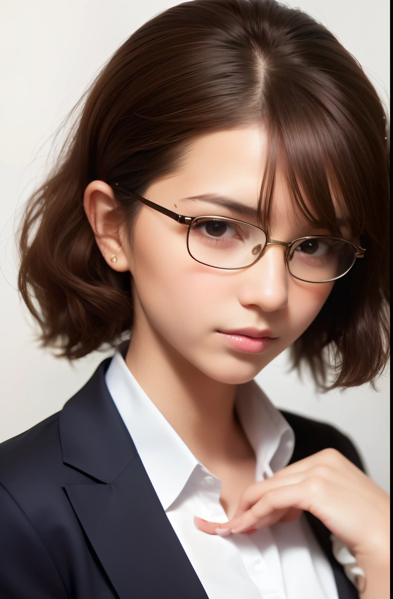 (realistic:1.2), 1 girl, brown hair, brown eyes,Front, detailed face, beautiful eyes, ((best quality)), ((masterpiece)), (detailed), (shiny skin:1.3), ( age, school uniform:1.2), (glasses, short hair with queue and wavy hair, disheveled hair, hair scrunchie, tareme:1.2), looking at viewer, Calm, Slight smile,