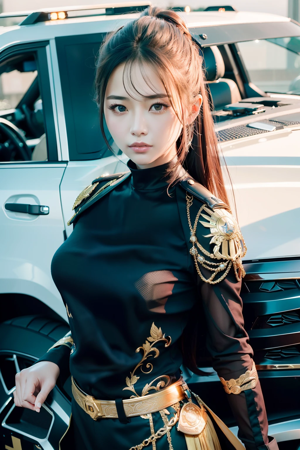 (Masterpiece:1.21),(Best quality:1.3), ((Ultra-detailed)), ((8K分辨率)),((Amazing)),(hyper qualit),Leaning next to the armored vehicle,Gorgeous and rich graphics,
(Extremely delicate and beautiful:1.21), (extremely beautiful lighting),hard light,Delicate composition,(Perfect positioning),(extremely beautiful and detailed background:1.21),Rembrandt style expression of light and shadow,Dark tone,(Low profile, high differential color levels),((Depth of field)),deepshadow,Dynamic Angle,From the side Side,full bodyesbian, (Golden section,Cinema lenses,Hasselblad photograp,tmasterpiece:1.3)
Black armored vehicle,(Armored vehicles in the city),exquisite detailing,
(1girll),(Han Jiaren,Sun Ye-jin),Authentic look,(realisticlying:1.4),Clean face,Delicate face shape,seduct smile,adolable,(s the perfect face),Ultra-fine makeup,(Delicate Japanese makeup1.4),eyes with brightness,(Eye 1.4),(squinty eyes:0.8),hair between eye,(Beautiful detailed eyes),Dark and bright eyes,exquisite long hair,Long hair ponytail,
Black SWAT training uniform,long trousers,Ultra-fine clothing material,
Leaning next to the armored vehicle,Perfect posture,perfect hand,Perfect long legs ,rays of sunshine,vivaciousness,Realisticstyle,Artis,