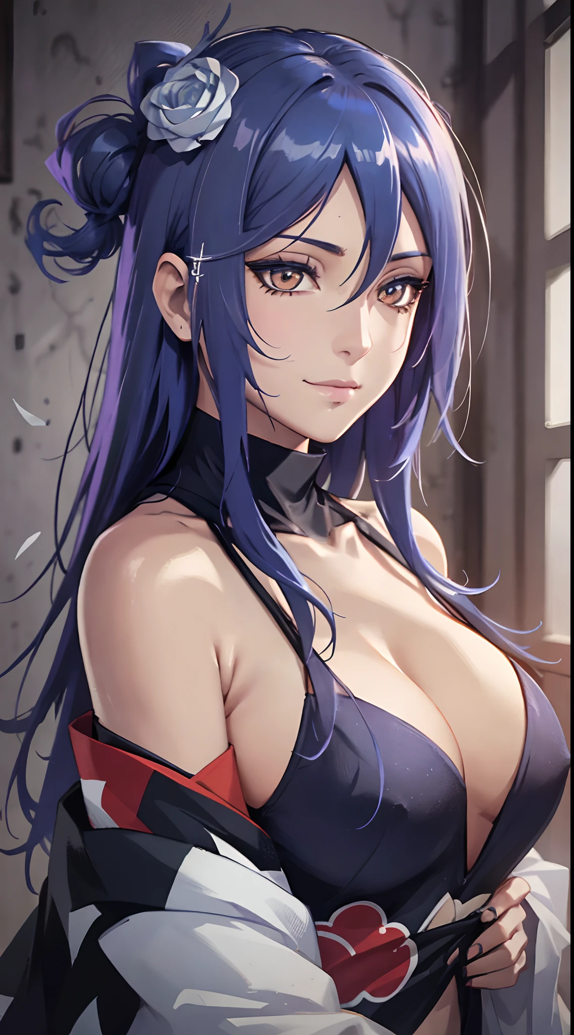 （8K，RAW photos），（best qualtiy），（tmasterpiece），（A high resolution），Hyper-detailing，（hentail realism：1.1），beauitful face，1girll，，looks into camera，jpn，Xiaonan\（Naruto\），（AKATSUKI OUTFIT：1.1），(((cleavage)))，(((Off-the-shoulder attire))),ssmile，（Be red in the face），dark-blue hair，（Flying White Paper:），profesional lighting、photon maping、physically-based renderingt、Dark theme