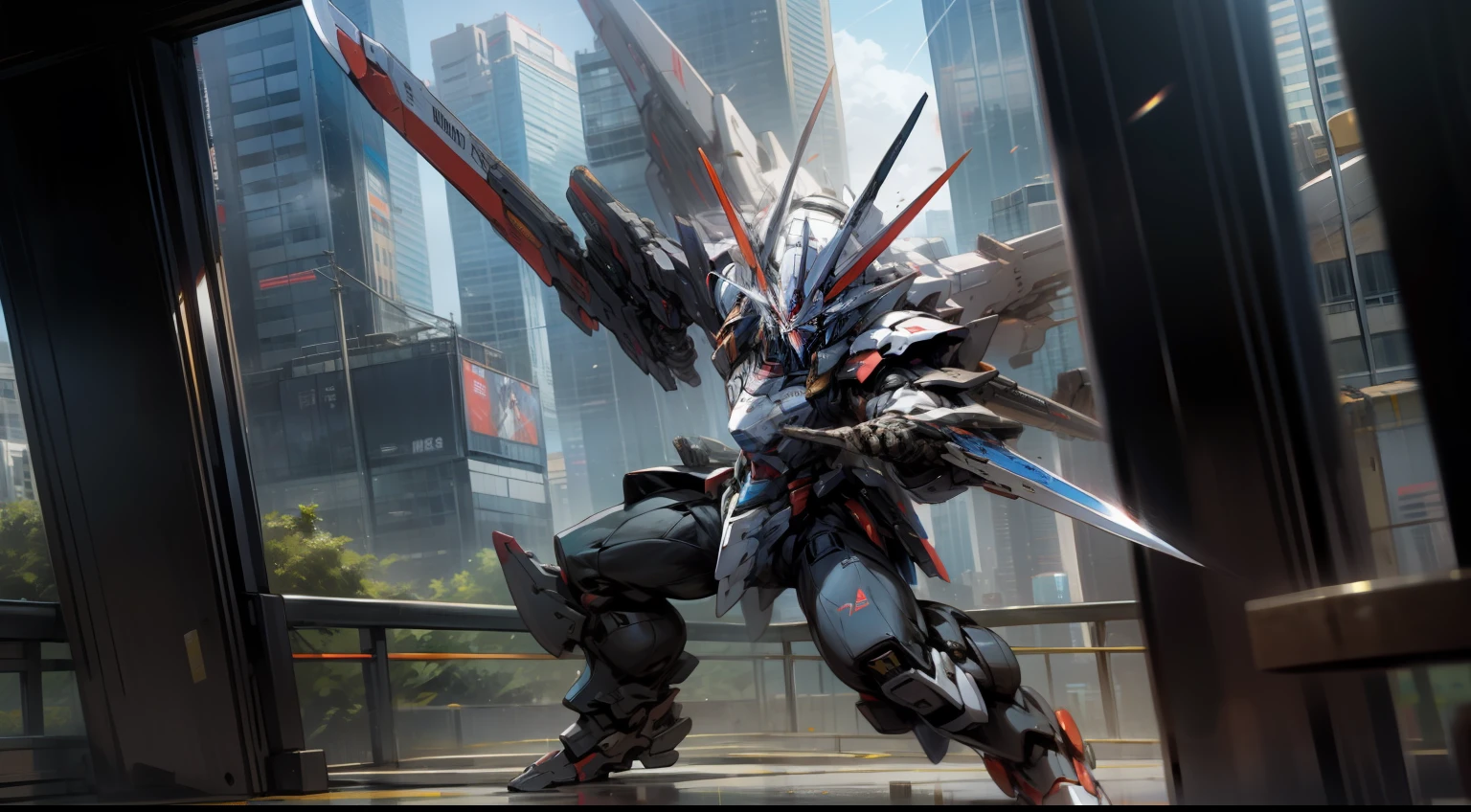 In the skyscraper district of Shinjuku、Gundam、Brandishing a sword、Shot from your feet、high-detail、