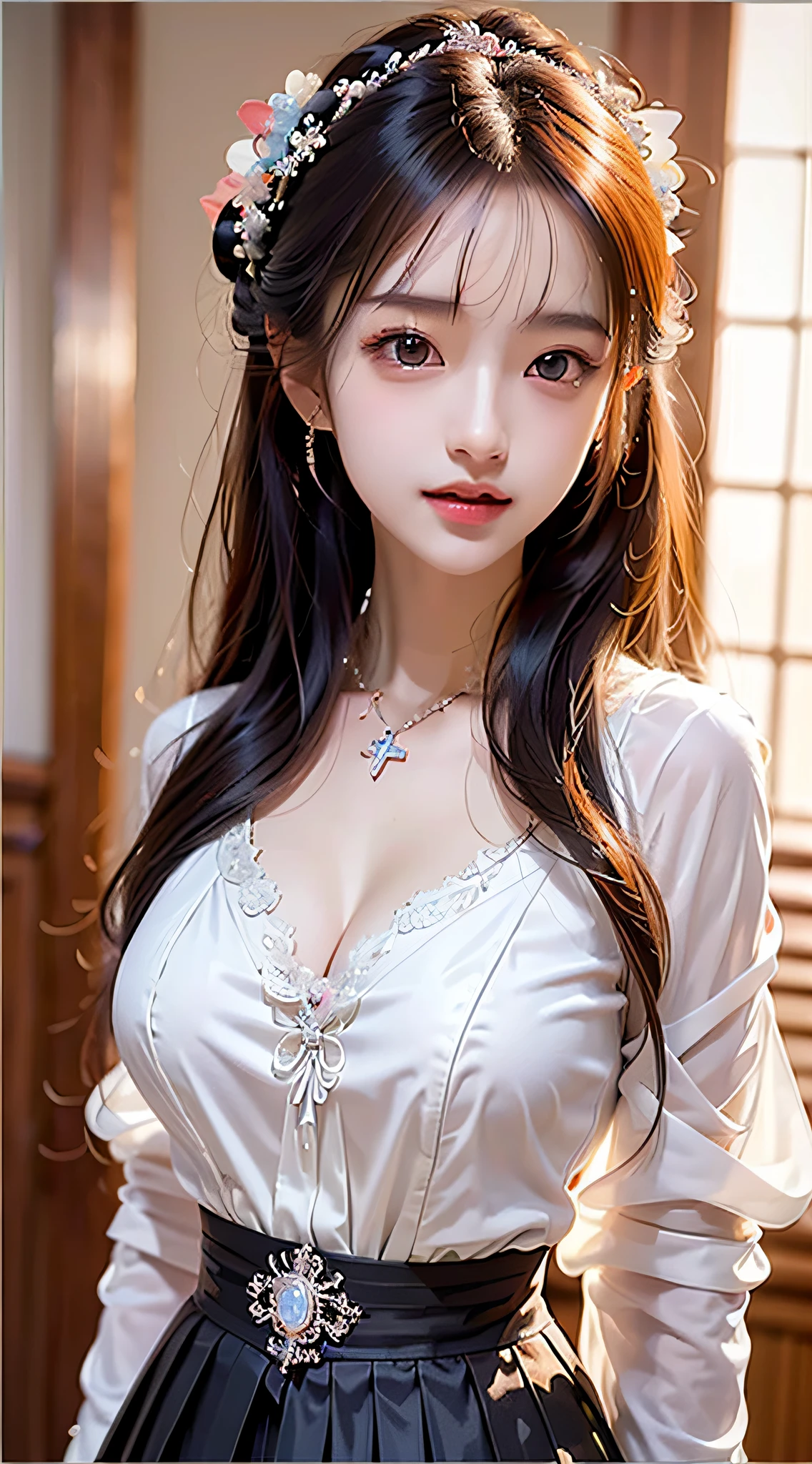 Superb Quality, Masterpiece, High Resolution, (Exquisite Body: 1.5), Stunning Beauty, (Milky Skin: 1.3), Delicate Details, High Resolution, Wallpaper, 1 Woman, Solo, Shelf-tulle Sweatshirt, Hair Accessories, , Flower, Long Hair, Plump Figure, Brown Hair, Smile, Accessories, Dance Pose, Big Eyes, Flowing Hair, Transparent Tulle Hanfu, Transparent Tulle Hanfu, Embroidery, Short Skirt, Dance Pose, Falling Petals, Indoor, Fanning, 16K, HDR, High Resolution, Depth of Field, (Film Grae: 1.1), Bocon, Primetime, (Lens Glow), Vignette, Rainbow, (Color Grading: 1.5)