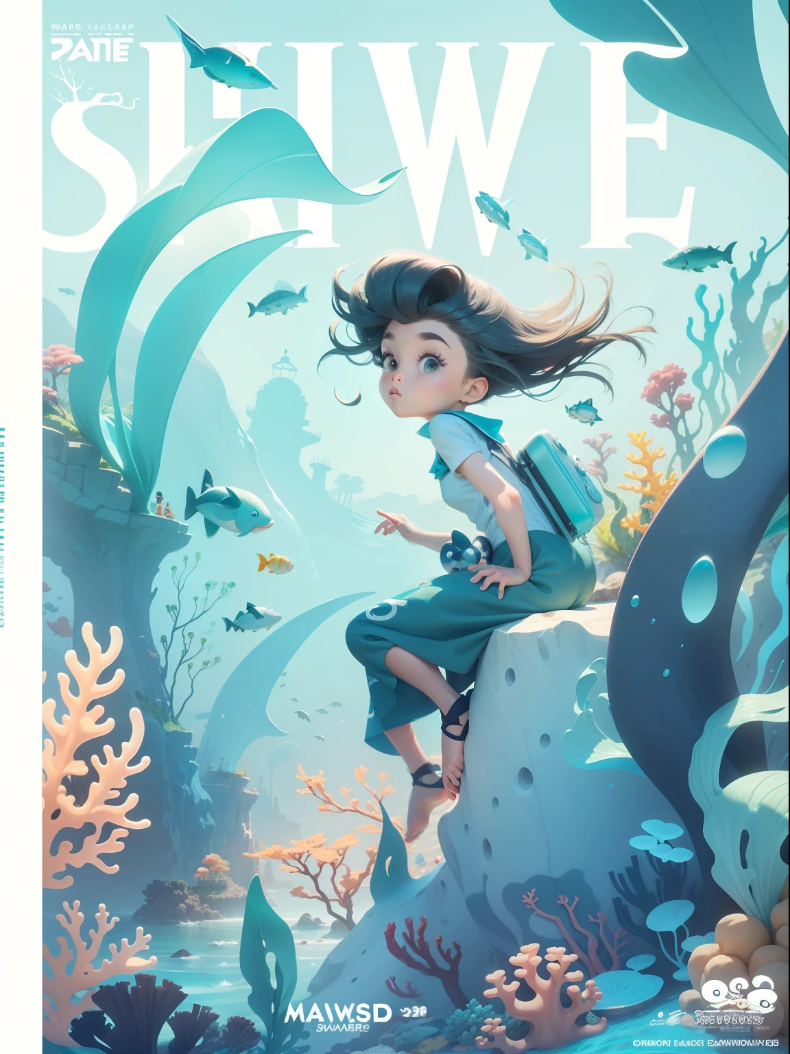 Close-up of seaweed area cartoon characters,2d matte illustration,cartoony,Protect the Sea World theme,Maximalism,Super cute style,Graphic design,Beautiful underwater world