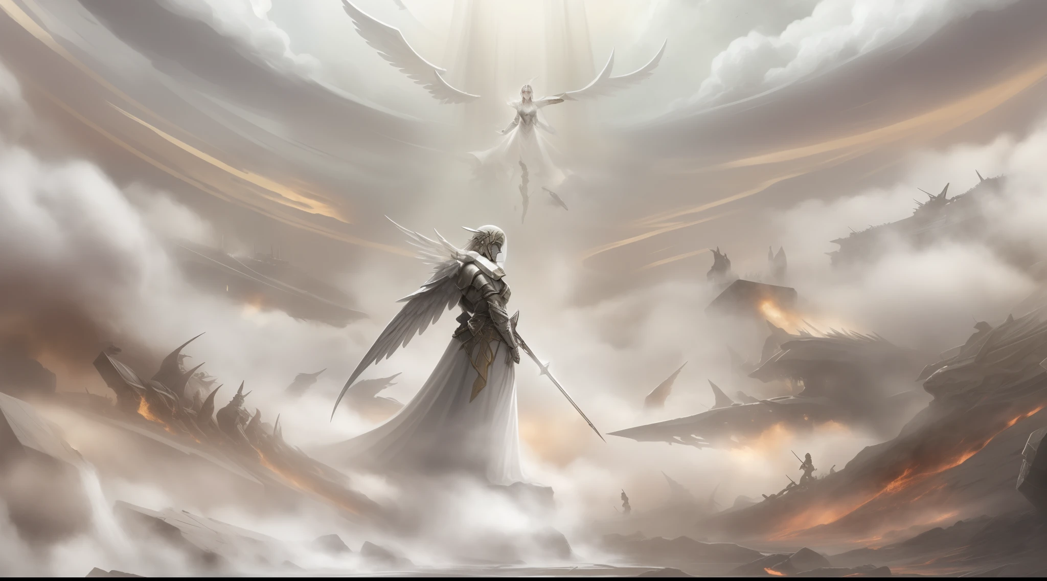 Making an image of the epic Bataha of a place called Armageddon., Apocalyptic Remarks, Depressive environment, Lots of dust and fog,Surreal images, Thousands of soldiers are in battle positions on the battlefield, dressed as sky angels, Thousands of soldiers ready to attack,, Many soldiers dressed in white with angels, The face of the perfect angel,Thousands of angels with the perfect face of an angel, The Perfect Angel, Fight with colorful ancestral weapons, Battle of Armageddon.