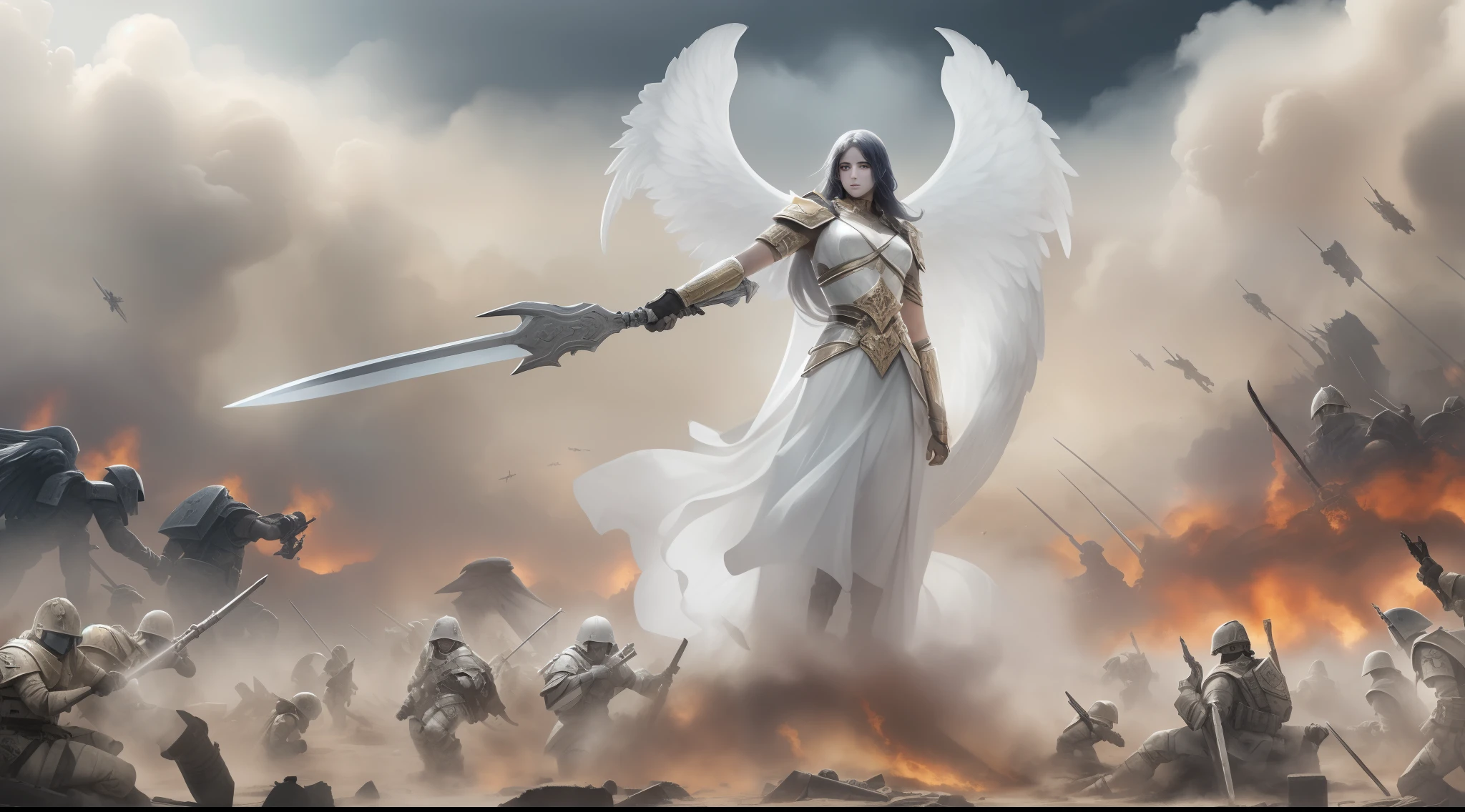 Making an image of the epic Bataha of a place called Armageddon., Apocalyptic Remarks, Depressive environment, Lots of dust and fog,Surreal images, Thousands of soldiers are in battle positions on the battlefield, dressed as sky angels, Thousands of soldiers ready to attack,, Many soldiers dressed in white with angels, The face of the perfect angel,Thousands of angels with the perfect face of an angel, The Perfect Angel, Fight with colorful ancestral weapons, Battle of Armageddon.