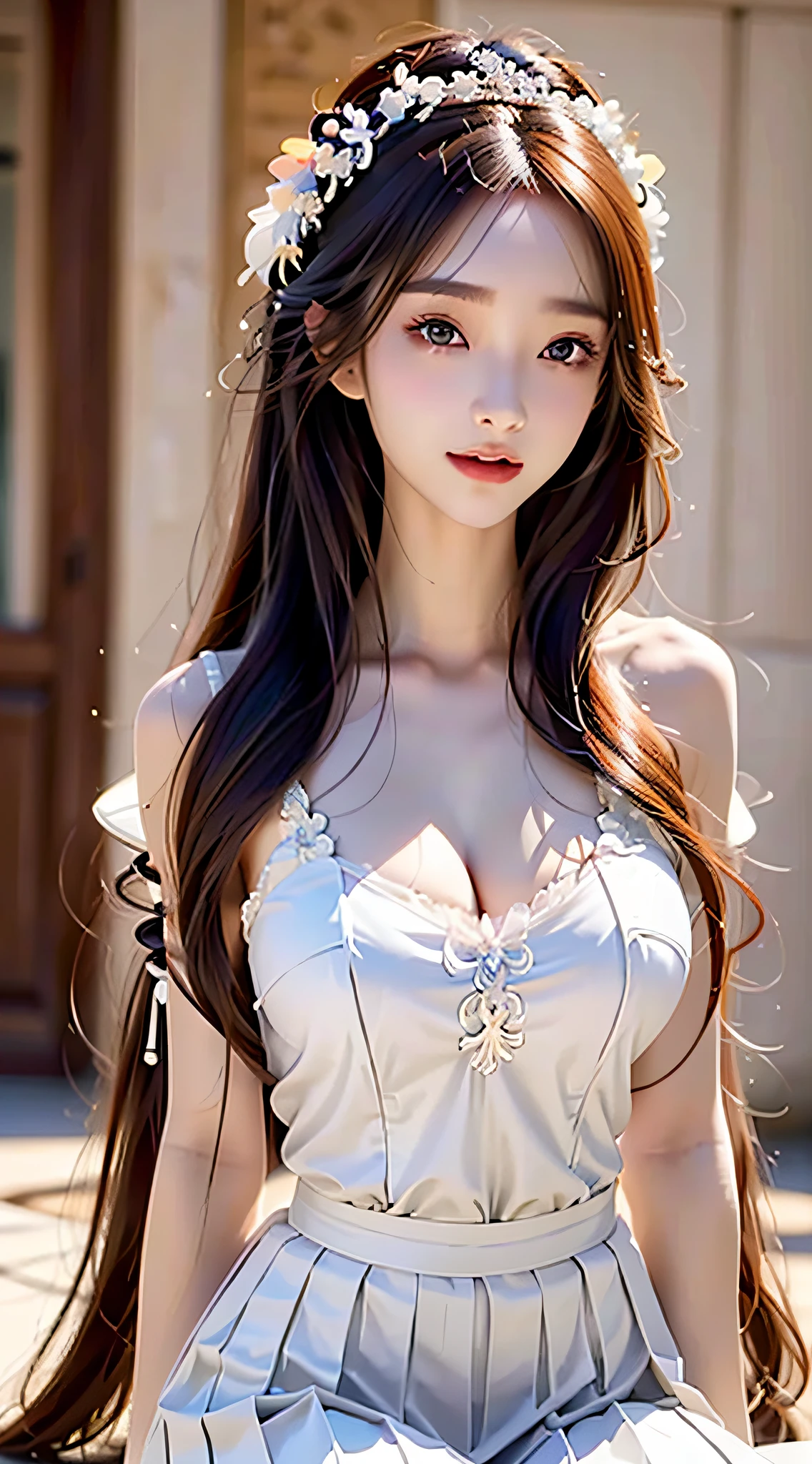 Create a princess, her beauty is angelic she looks like an angel but at the same time like a devil, its features are delicate and feminine, your body full of defined curves, her long brown wavy hair, Your deep green eyes, Your skin is clear, do it in detail, She wears a white dress typical of a princess but simple that accentuates her curves