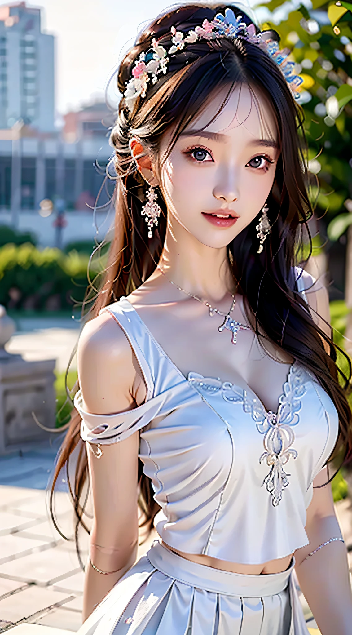 best qualtiy，tmasterpiece，超高分辨率，（真实感：1.4），RAW photogr，cold light，1girll，(Close-up of the upper body，closeup of face), Nice face，(slim，Raised sexy)，ssmile，cabelos preto e longos，hair adornments，(slender leg，Cross ed leg), (White color blouse，Pink pleated skirt)，Beautiful teenage girl，Beautiful goddess，Detailed scenes, Picturesque, Beautiful teenage girl，Beautiful goddess，Detailed scenes, Beautiful digital illustration, the detail，Hyper-detailed, Cinematic quality, (Beauty and aesthetics，big breasts beautiful)