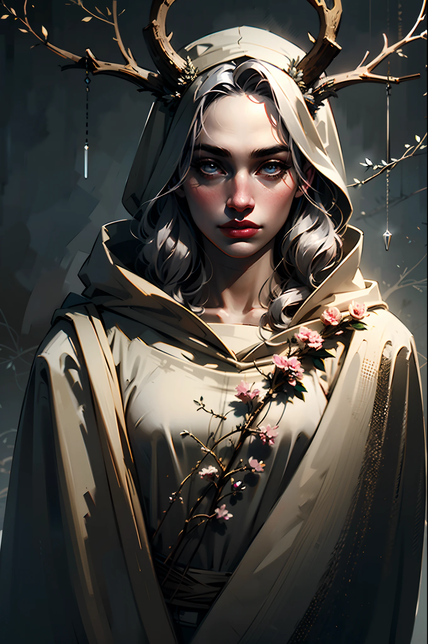 Girl with gray hair, Portrait Of Girl, Druid, with large deer antlers on the head, (A complete overview of the horns), long straight hair, ((slim physique)), She is dressed in a robe with a hood on her head, wrapped in branches with flowers, 8k high quality detailed art, ((perfect anatomy)), work of art, gorgeous digital painting, stunning digital illustration, (Body symmetry:1.2), Upper torso. Gray gloomy background, dark forest.