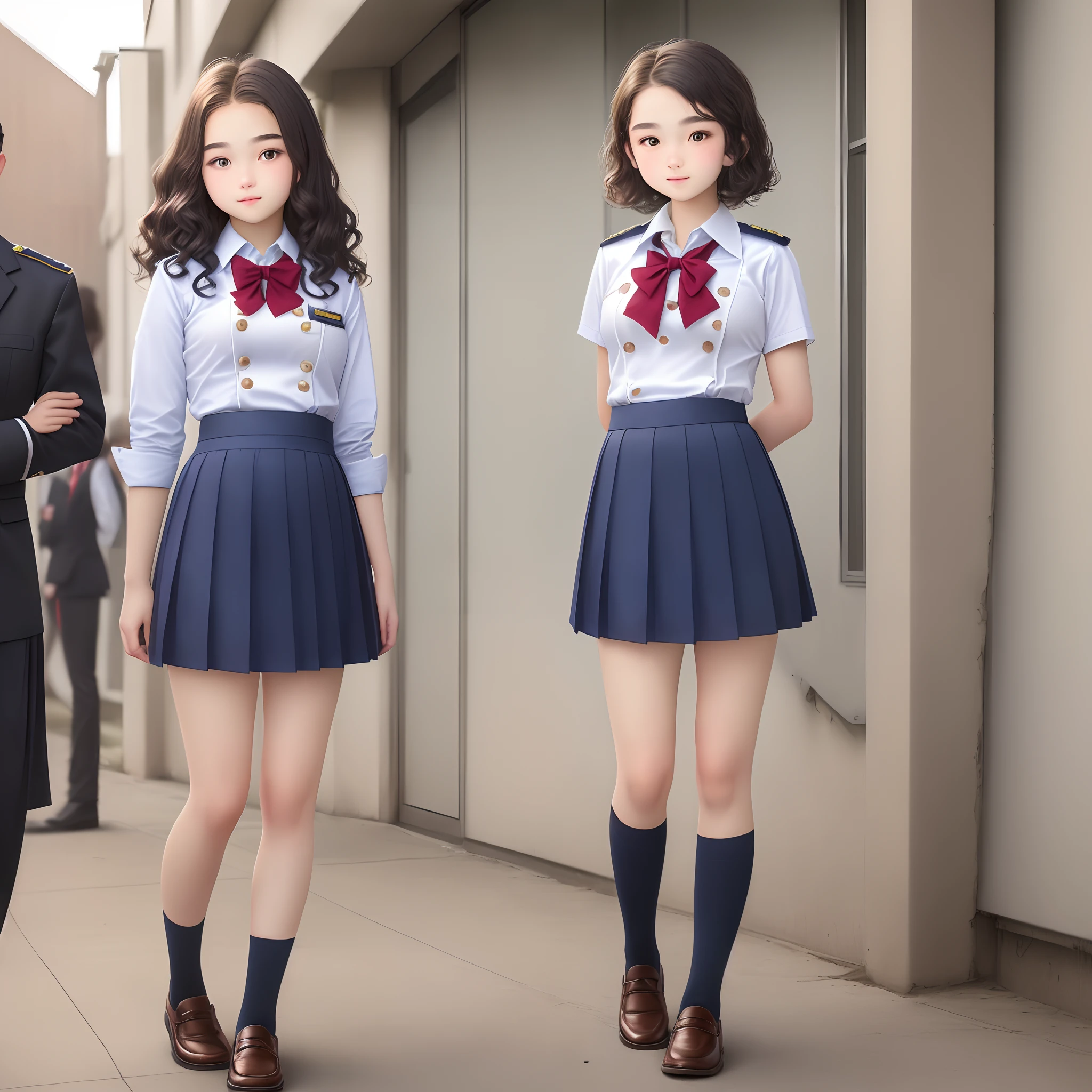 ((Medium-breasted, 15-year-old girl, small head)), ((15)), (Perfect Body: 1.1), (Young), (Short Wavy Hair: 1.2), Full Body Shot, (Girl in Uniform: 1.4, Pleated Skirt, Button Up Shirt), (((School Uniform))