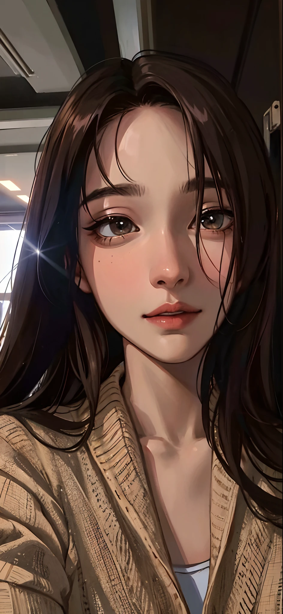 Longing for women,Long hair and brown sweater, 8k selfie photograph, personal profile picture, Profile image, headshot profile picture, korean artist, 2 7 years old