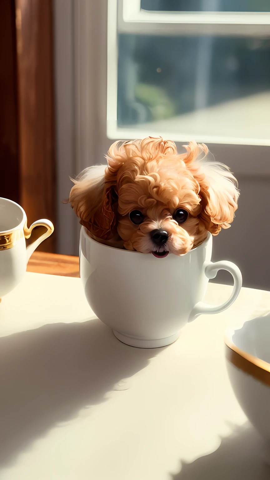Toy poodle in white, (((((small)))), in a teacup, showing face, sticking out tongue, sticking out of the paw, 8k, professional photo, delicate, clear, on the table, in the house, sunshine, light leak, masterpiece, ((pretty)))), stylish teacup, (reality)))), mokomoko