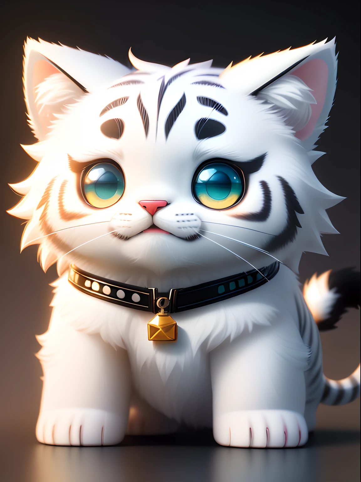 cute tiny hyperrealistic white tiger with different color eyes waring a necklace, Chibi, adorable and fluffy, logo design, cartoon, cinematic lighting effect, charming, 3D vector art, cute and quirky, fantasy art, bokeh, hand-drawn, digital painting, soft lighting, isometric style, 4K resolution, photorealistic rendering, highly detailed clean, vector image, photorealistic masterpiece, professional photography, simple space backdrop, flat white background, isometric, vibrant vector