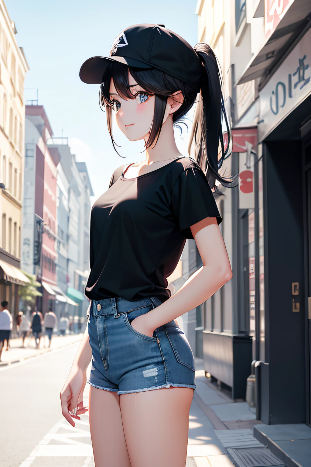 tmasterpiece，best qualtiy，城市，A girl，Two-dimensional delicate face，Smart eyes，ssmile，facing to audience，Exquisitehands，Hands tied up，Ponytail head，ccurateblack hair，Wears a black cap，The upper part of the body（1.2），White T-shirt，lowerbody（2.1），Delicate long legs，Wear denim shorts，Blue sky，suns，Buildings