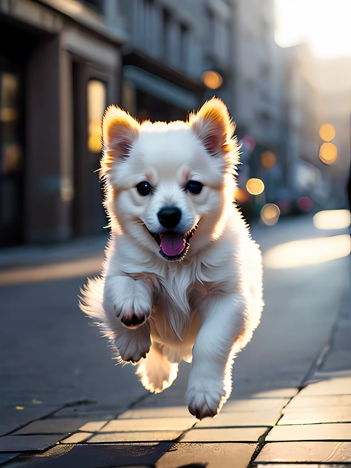 Close-up photo of a very cute jumping puppy on the street, white, soft volumetric light, (backlight: 1.3), (movie: 1.2), intricate details, (ArtStation: 1.3), Rutkowski