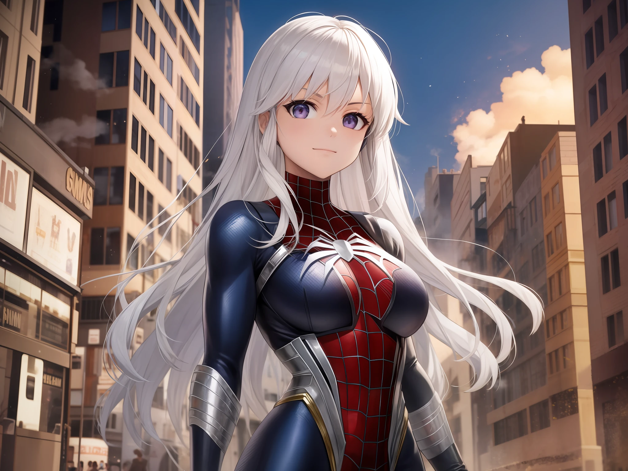 Enterprise con un traje detallado de Spider-Man,pechos grandes,Superhero pose,De pie en la ciudad en ruinas,humo,Chispas,(8k),Scratches,primer plano,Cara detallada,cana,purple eyes,Cabello largo,avergonzado,small smile face, Un arco con flechas,