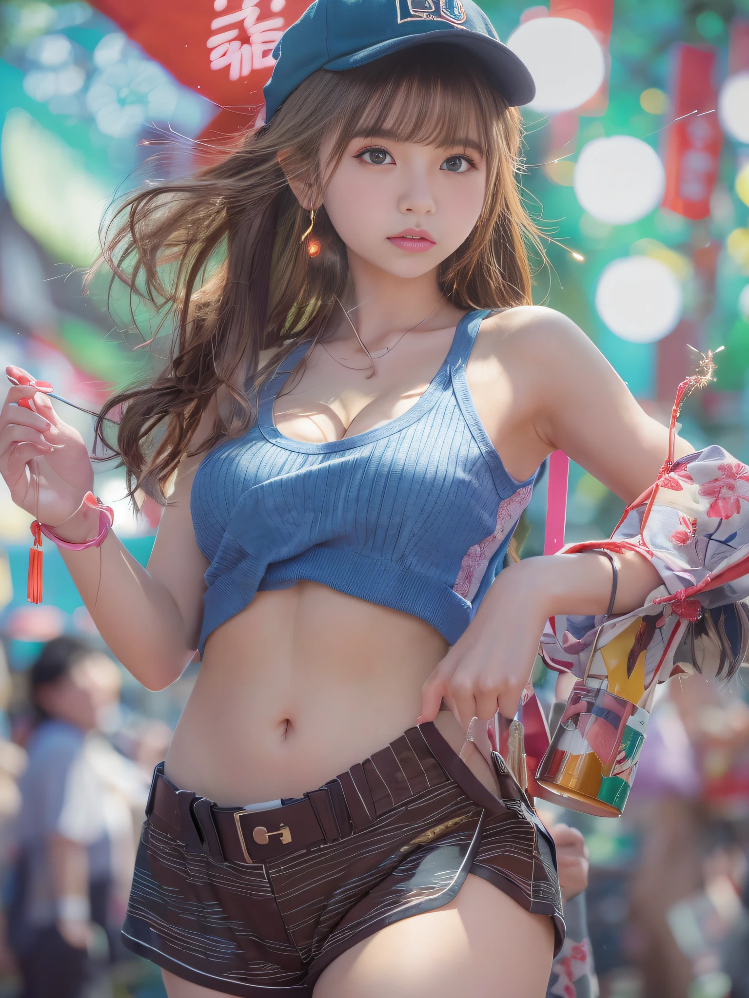 4k,1、(((topless))), High resolution, super detailed), 1 female, 28 years old, Final Fantasy Yuna x2, More mature, ((simple background)), plain background, ((There is nothing in the background)), surreal, Yuna's Final Fantasy costume, Yuna's original costume design from Final Fantasy X2, (((nsfw://www.Creative Uncut.。.。.and/Gallery-01/ff10-2-Yuna 2...html))), Denim shorts exposed to tatters, Features of asymmetrical clothing, belt on left hip, Optimal clothing simulation, not a necklace, 1 female, Windy nights, Yuna's Bob Hairstyles, Big breasts, cleavage, middle_chest, thick body, smile, , close up shot, shot from the front, zoomed in shot, Access HIPS image scope, smile with closed mouth, from head to waist, , Yuna FFX, blue bead earrings,(((Only the upper body is naked))),smile,(((amusement park))),butt,low rise,back view