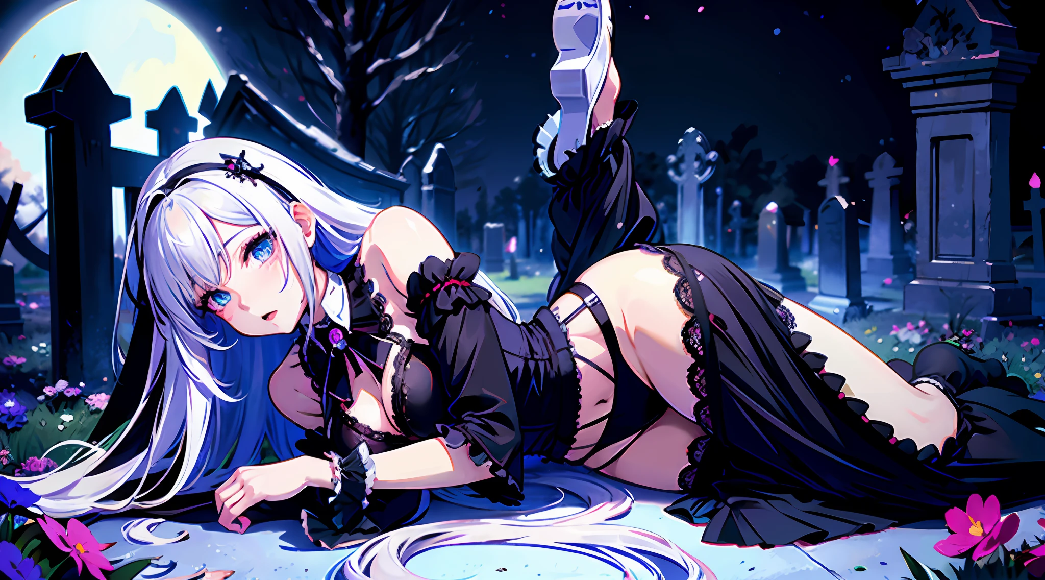 anime girl laying on the ground in a cemetery at night, gothic maiden anime girl, nightcore, best anime 4k konachan wallpaper, a sexy maid in a magical forest, [ 4 k digital art ]!!, top rated on pixiv, hd anime wallaper, ahegao, anime wallaper, beautiful necromancer girl, at pixiv