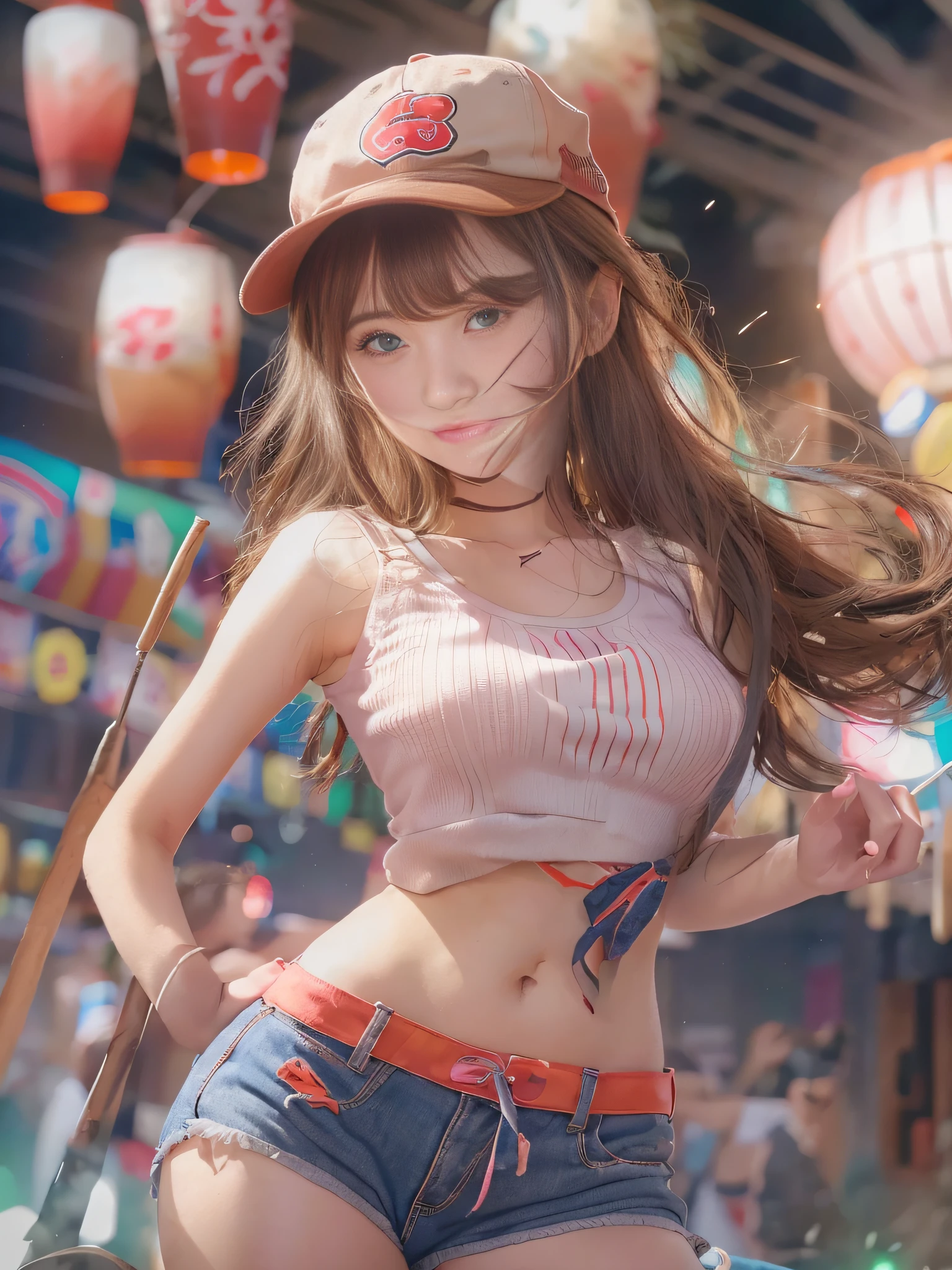 top-quality、​masterpiece、超A high resolution、(Photorealsitic:1.4)、Raw photo、Detailed CG image quality、(Fireworks Festival:1.4)、Beautiful fece、1girl in、japanes、27yo、(blue eyess:1.2)、pink lipsticks、laugh face、(Brown hair:1.4)、skin tanned、(Baseball Cap:1.4)、(Cropped tank top:1.4)、(The underbust is visible:1.4)、(Low-rise shorts:1.2)、Large bust、cleavage of the breast、detailed portrait、8K picture quality、concept-art、Cinematic and dramatic atmosphere、(Shrine of Japan:1.2)、(Japan red and white lanterns:1.2)、Wind chimes、(Festival flag,)、Paper decoration、foco nítido、Volumetric lighting、Cinematographic lighting、Colorful neon lighting、depth of fields、Ambient lighting、Blurred foreground、blurry backround:1.3、portlate