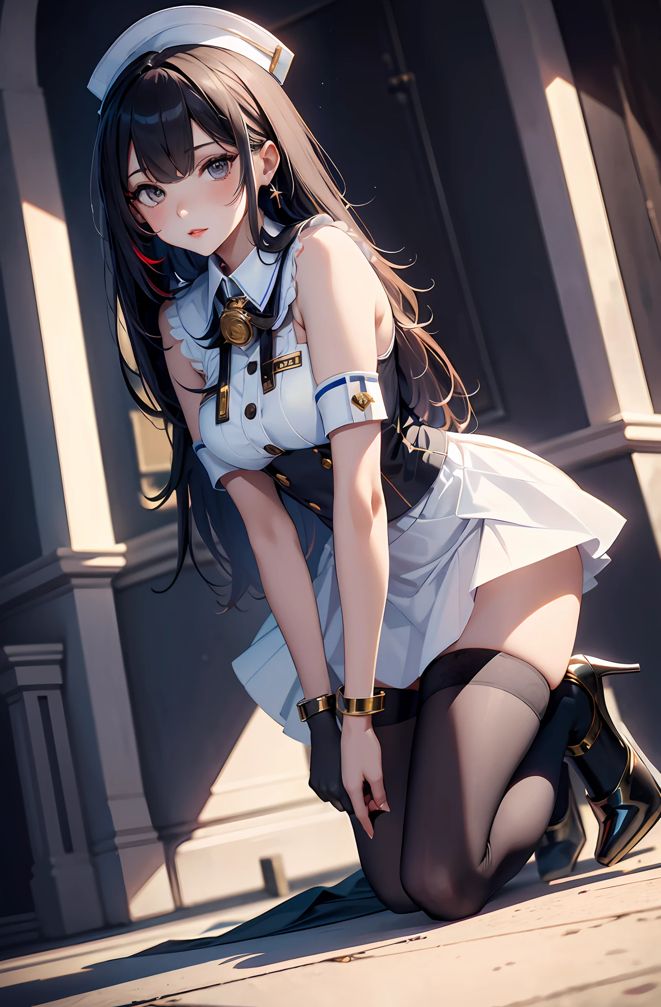 best qualityer,tmasterpiece,Ultimate resolution,downy,Extremely colorful,stewardess,Normal posture,Redlip,Collar,Kneeling pose,shackle,behead,Anklets,white stockings,high-heels,Normal posture