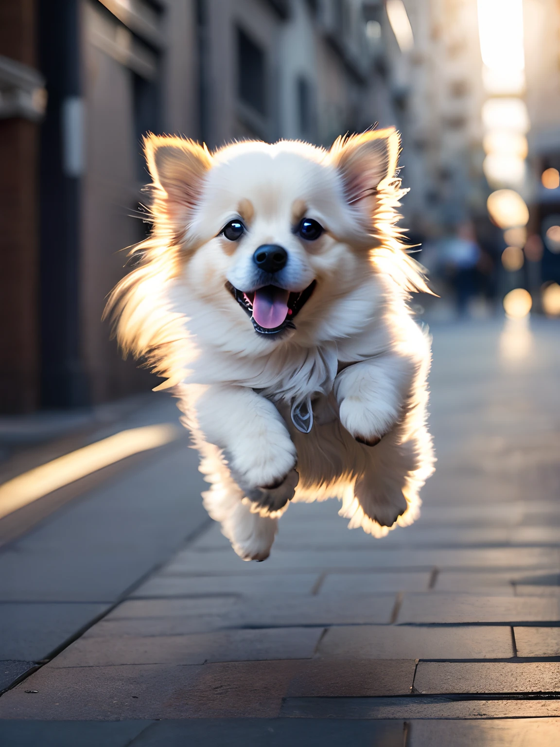 Close-up photo of a very cute jumping puppy on the street, white, soft volumetric light, (backlight: 1.3), (movie: 1.2), intricate details, (ArtStation: 1.3), Rutkowski