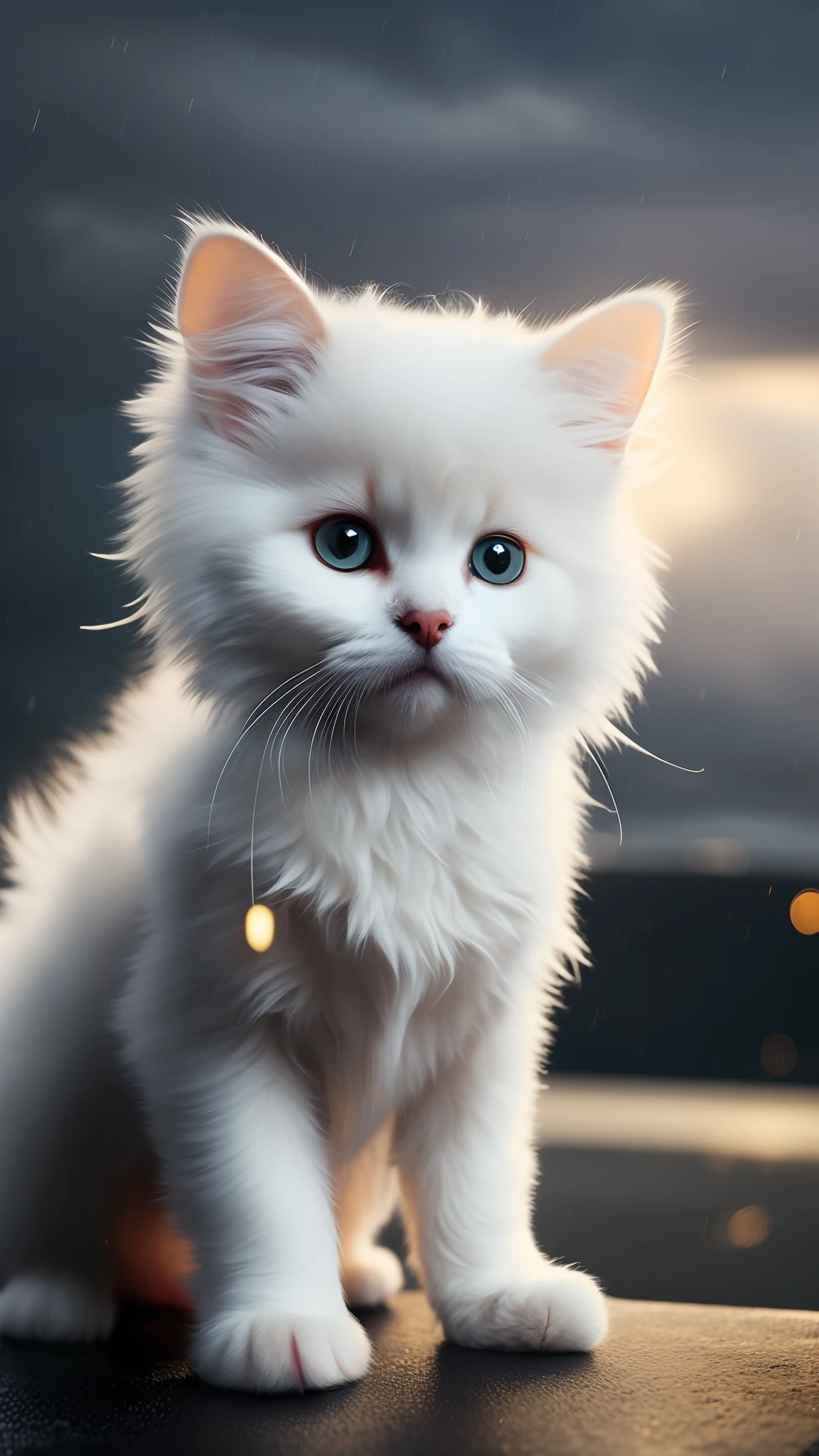White colored cat puppy wearing raincoat, stormy weather, with cinematic lighting and ultra realistic details, realistic photo, cinematic photography, incredibly detailed, film lighting